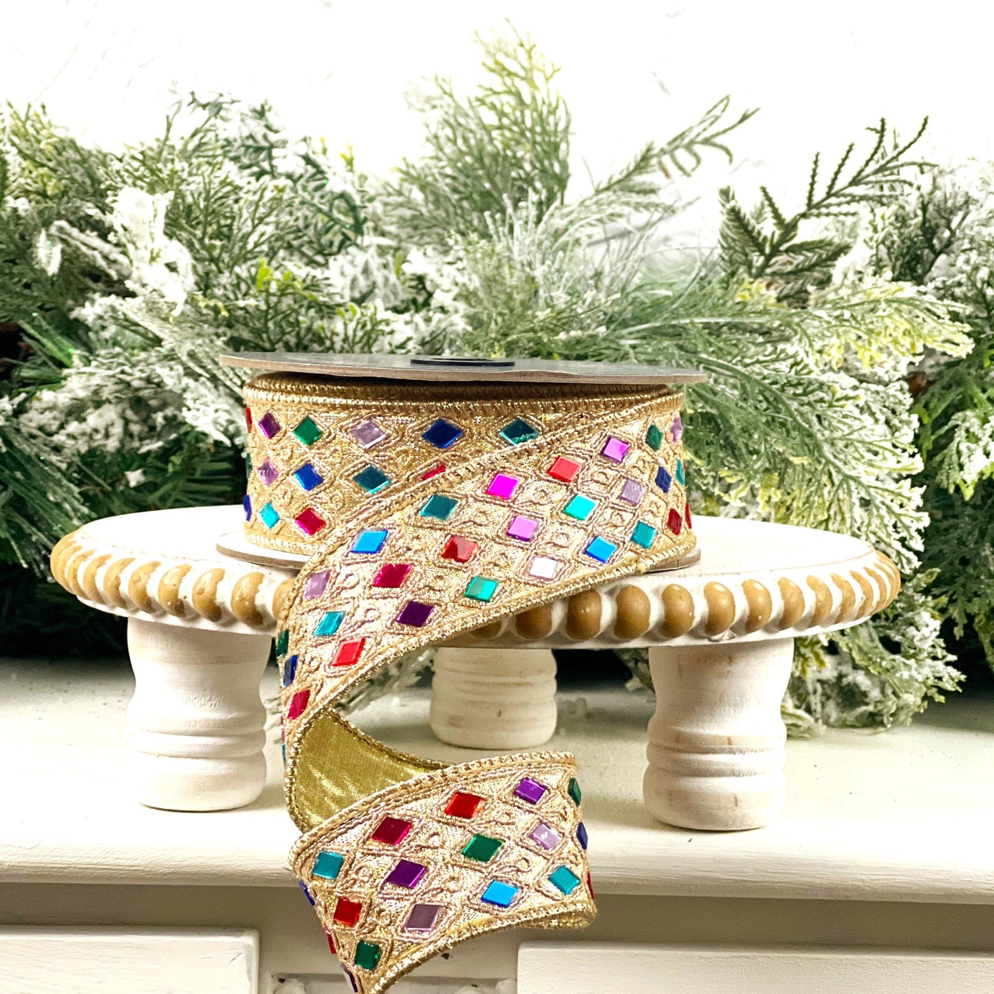 Farrisilk Jeweled Harlequin Ribbon, Gold Designer Ribbon with Multicolor Gems for Holiday or Year-Round Decor