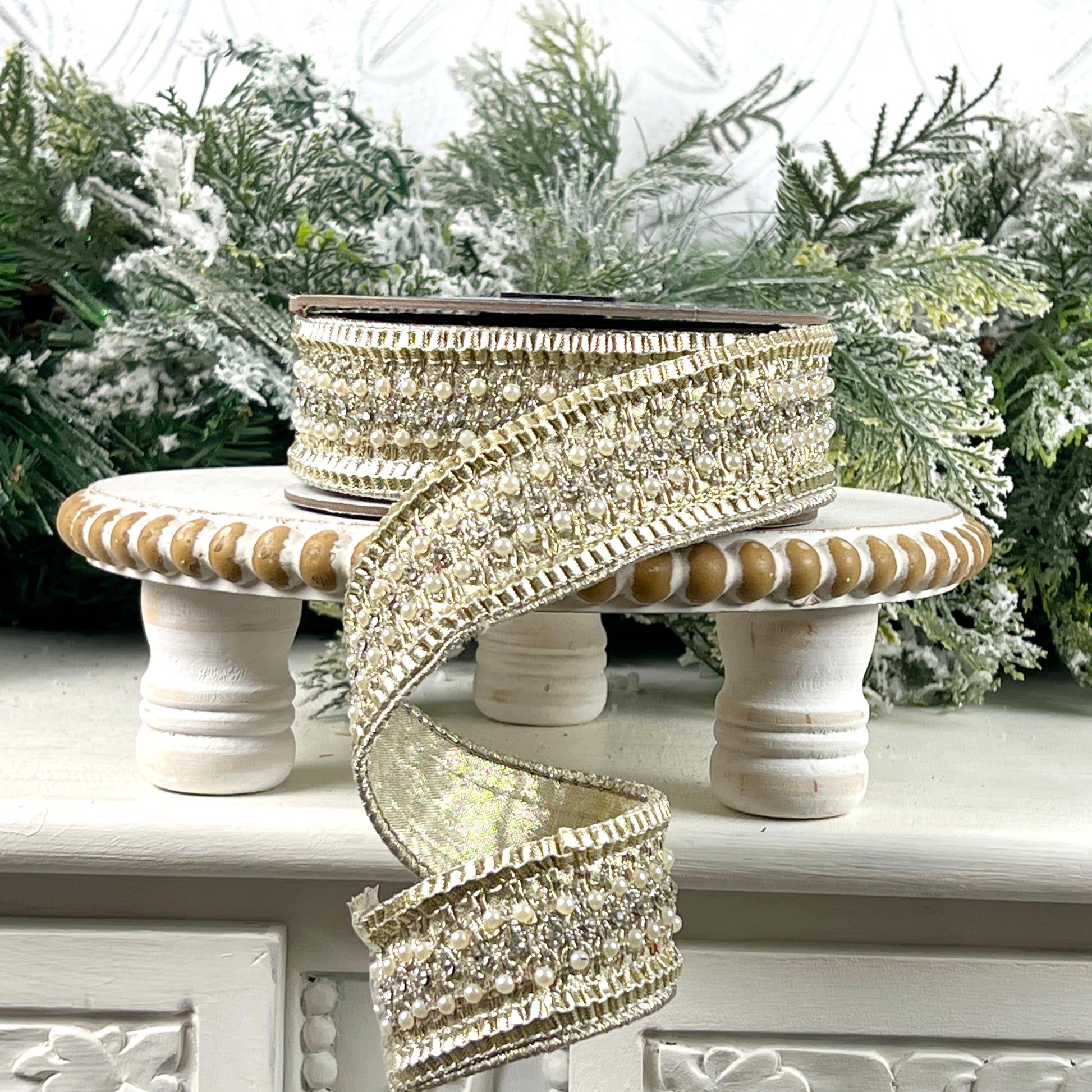 Farrisilk Victorian Pearl Ribbon, Platinum Designer Ribbon with Pearls for Holiday or Wedding Decor