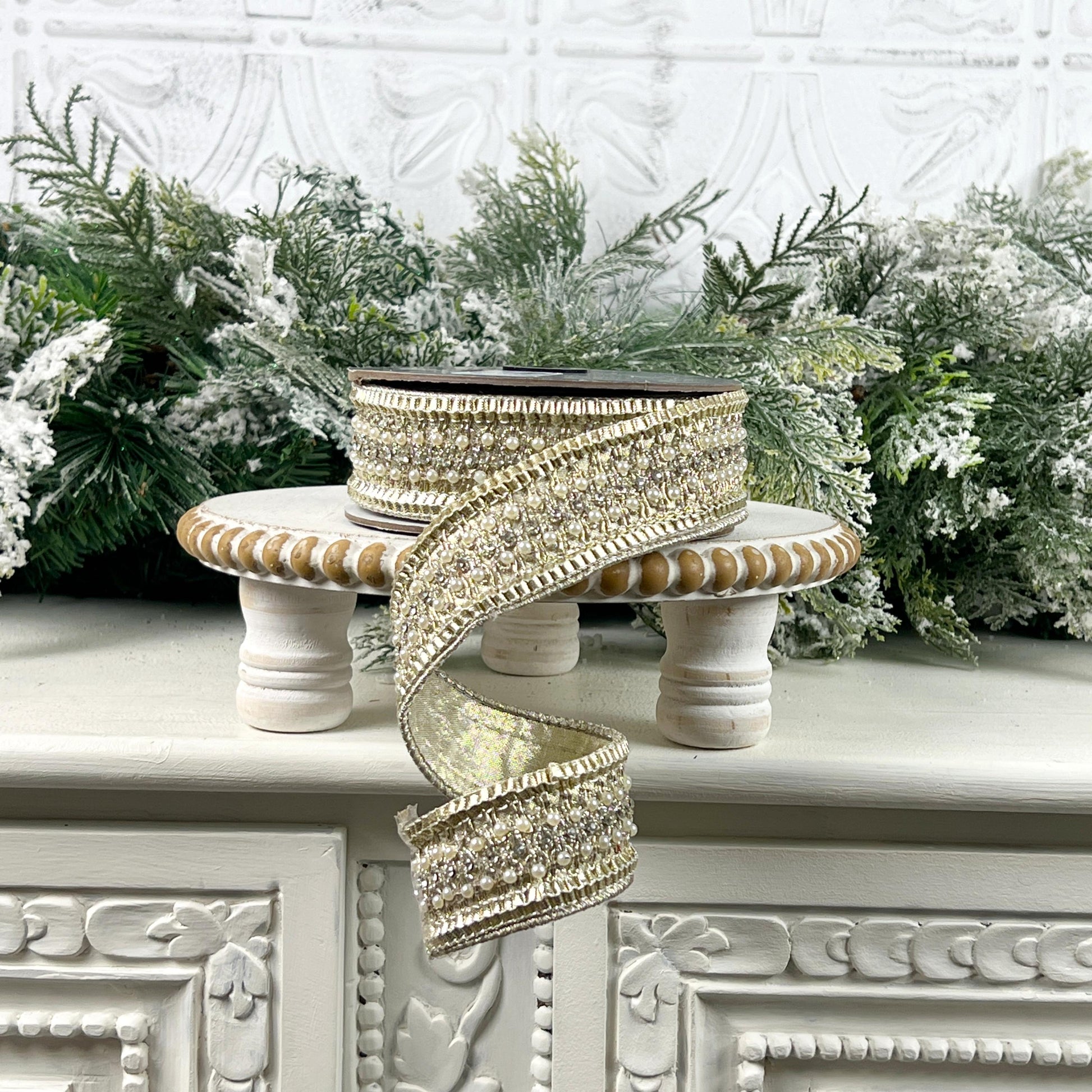 Farrisilk Victorian Pearl Ribbon, Platinum Designer Ribbon with Pearls for Holiday or Wedding Decor
