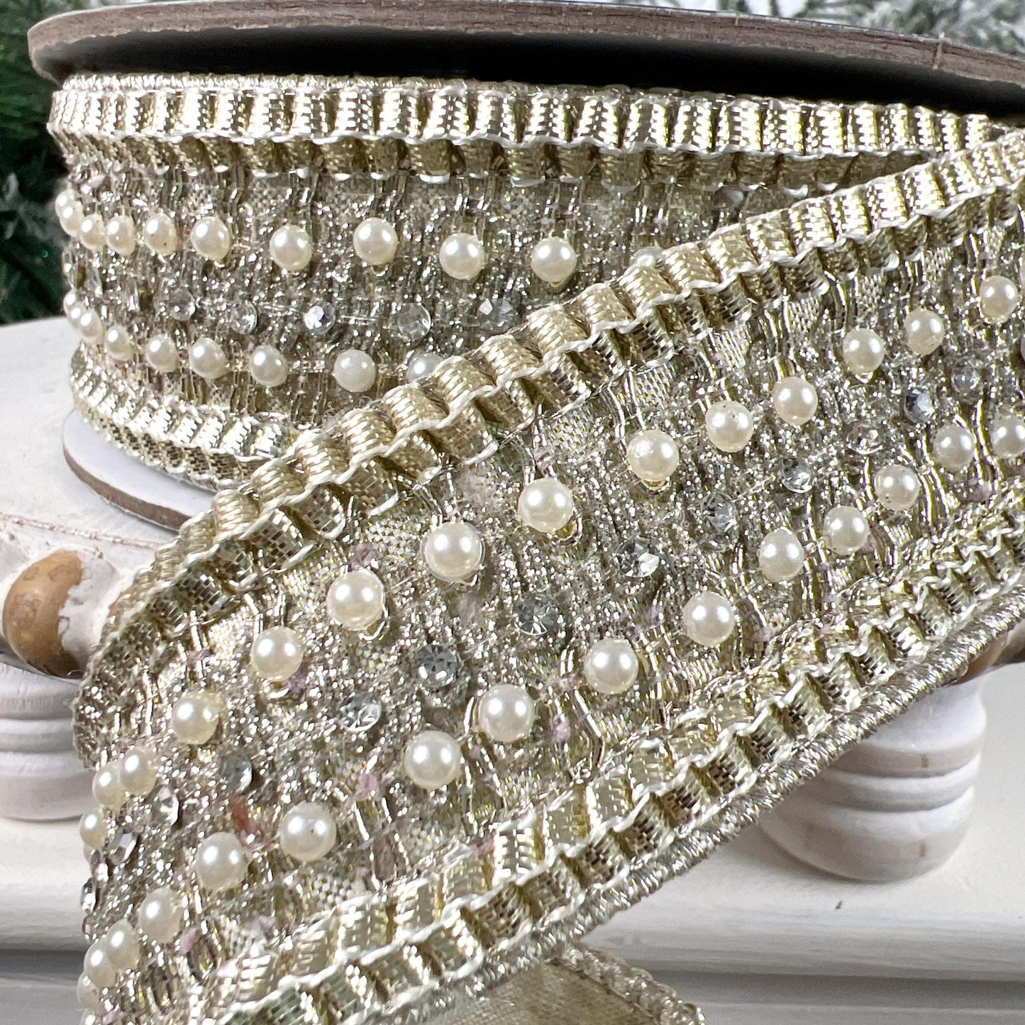 Farrisilk Victorian Pearl Ribbon, Platinum Designer Ribbon with Pearls for Holiday or Wedding Decor