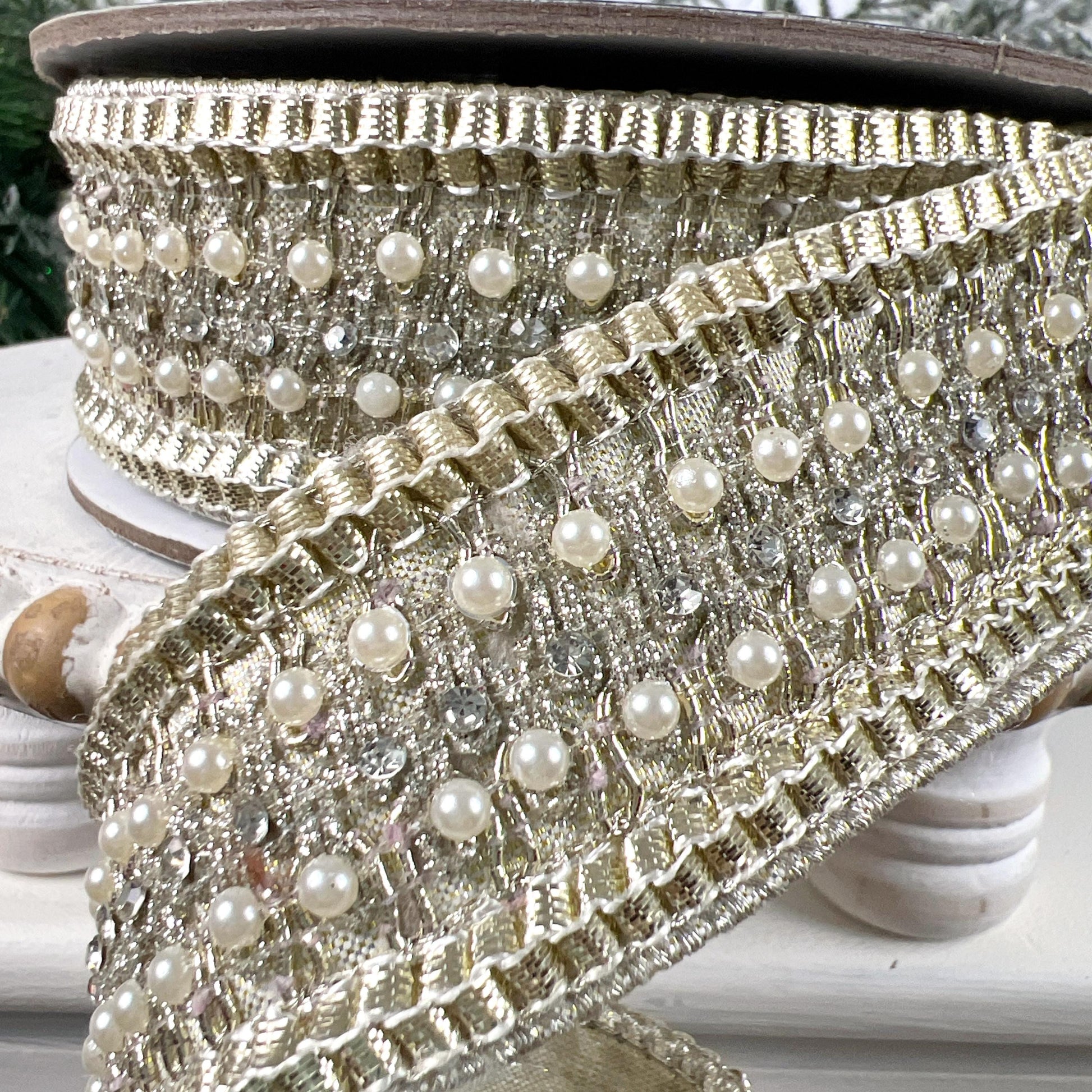 Farrisilk Victorian Pearl Ribbon, Platinum Designer Ribbon with Pearls for Holiday or Wedding Decor