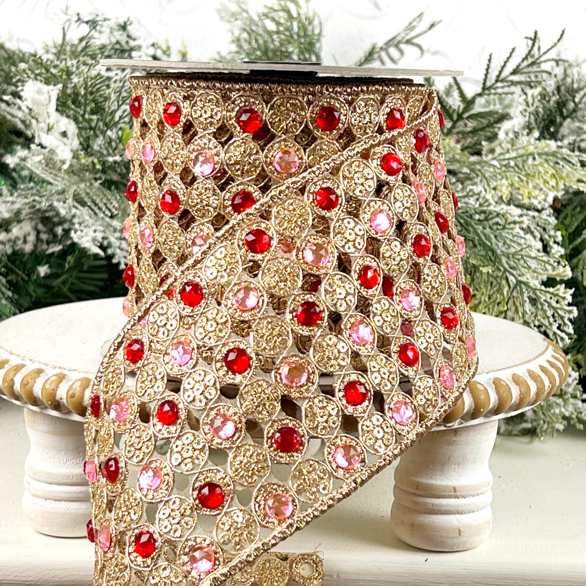Farrisilk Jeweled Lace Ribbon, Gold Designer Ribbon with Pink and Red Gems for Holiday or Wedding Decor
