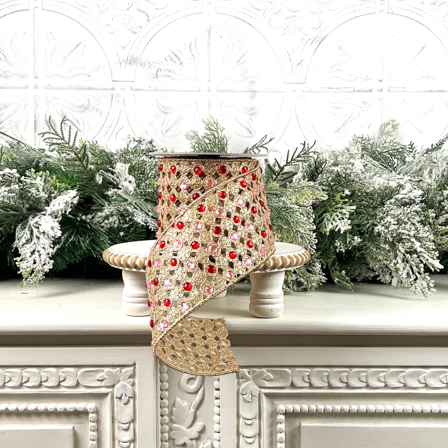 Farrisilk Jeweled Lace Ribbon, Gold Designer Ribbon with Pink and Red Gems for Holiday or Wedding Decor