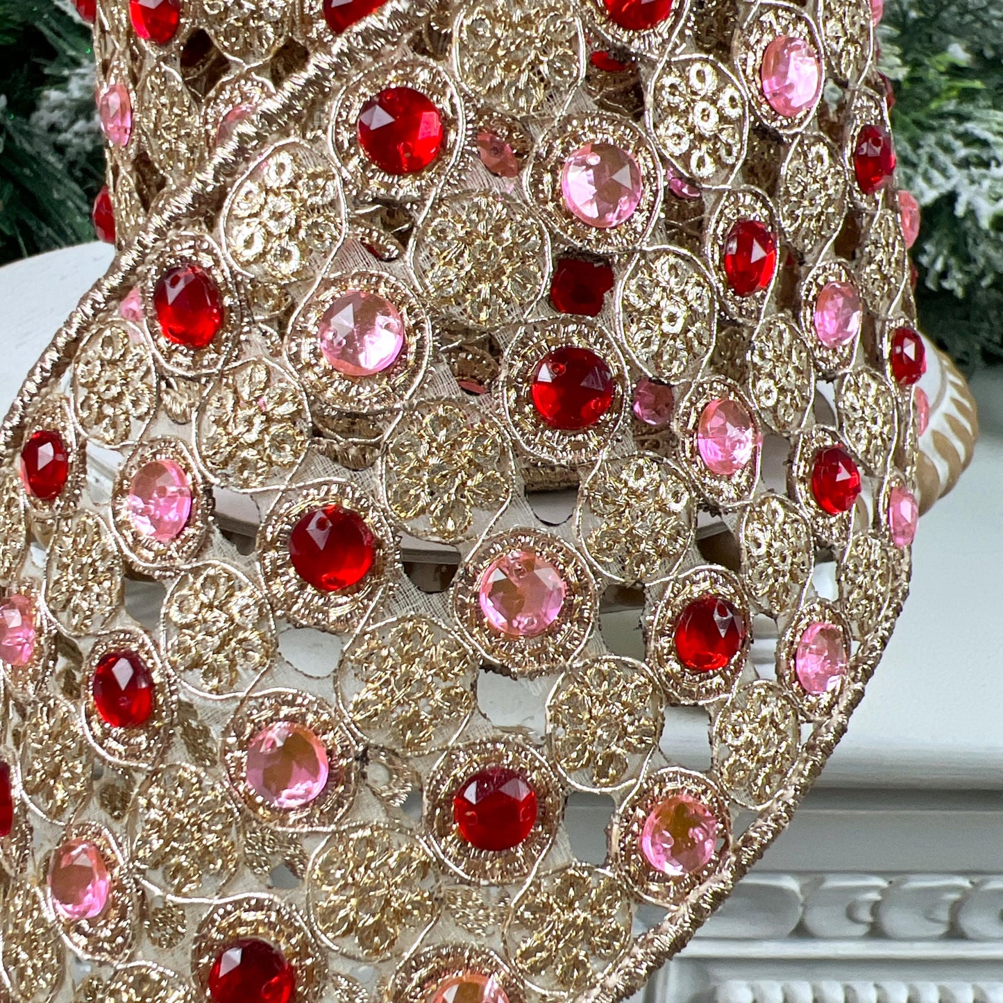 Farrisilk Jeweled Lace Ribbon, Gold Designer Ribbon with Pink and Red Gems for Holiday or Wedding Decor