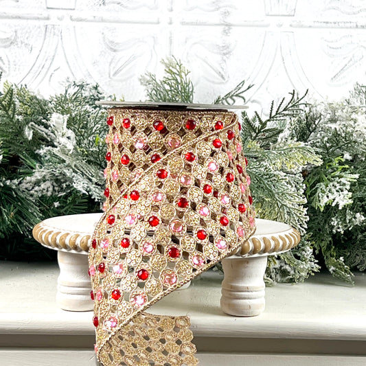Farrisilk Jeweled Lace Ribbon, Gold Designer Ribbon with Pink and Red Gems for Holiday or Wedding Decor