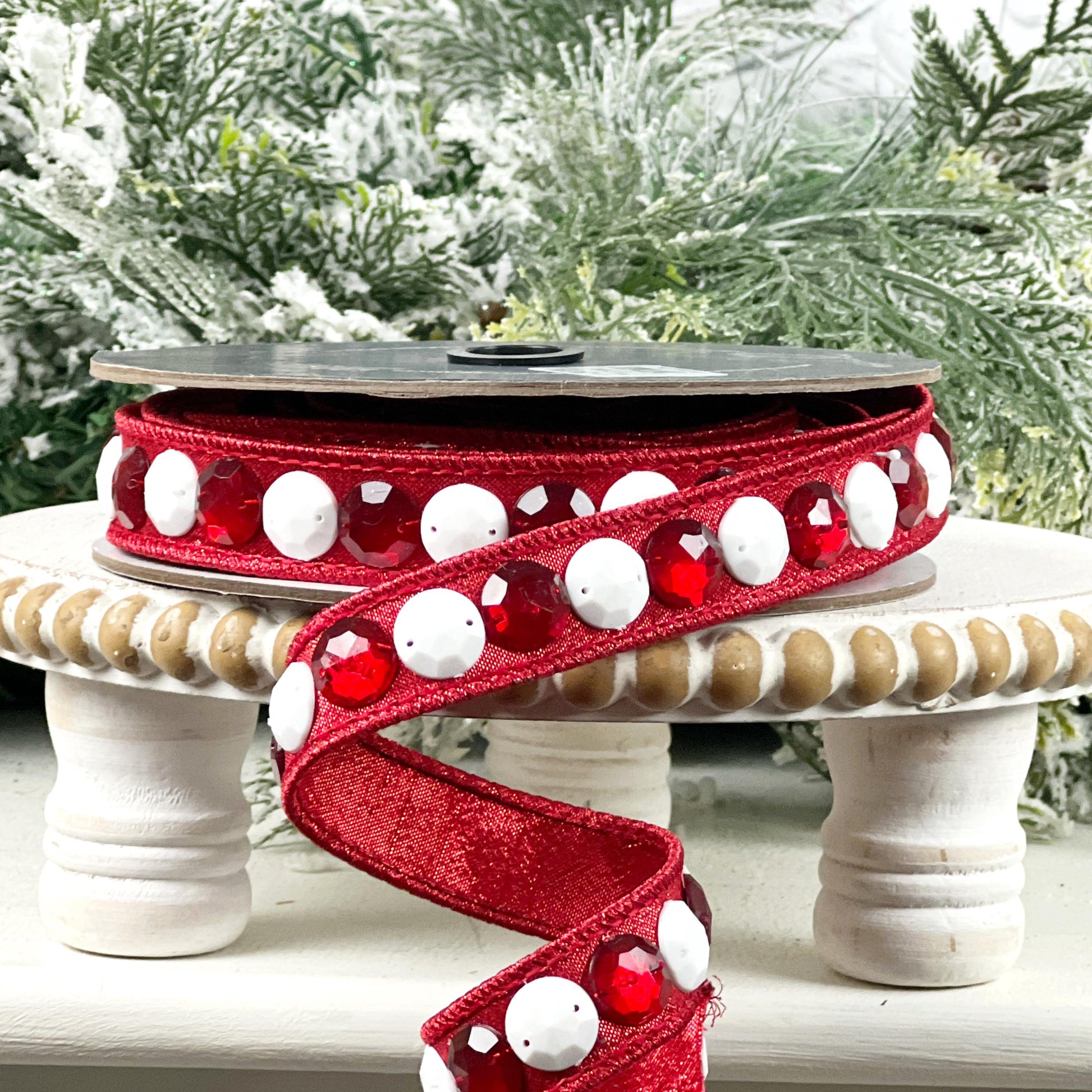 Farrisilk Jeweled Garland Ribbon, Red Designer Ribbon with White and Red Gems for Holiday or Year-Round Decor