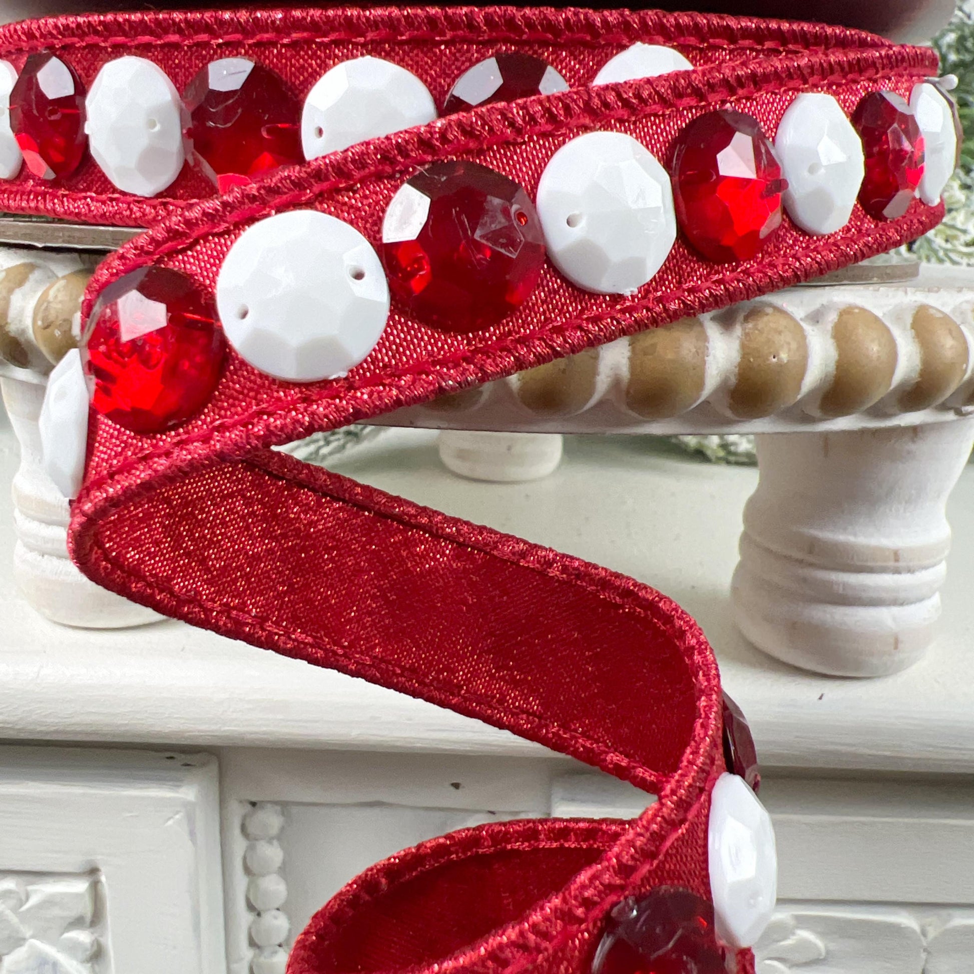 Farrisilk Jeweled Garland Ribbon, Red Designer Ribbon with White and Red Gems for Holiday or Year-Round Decor