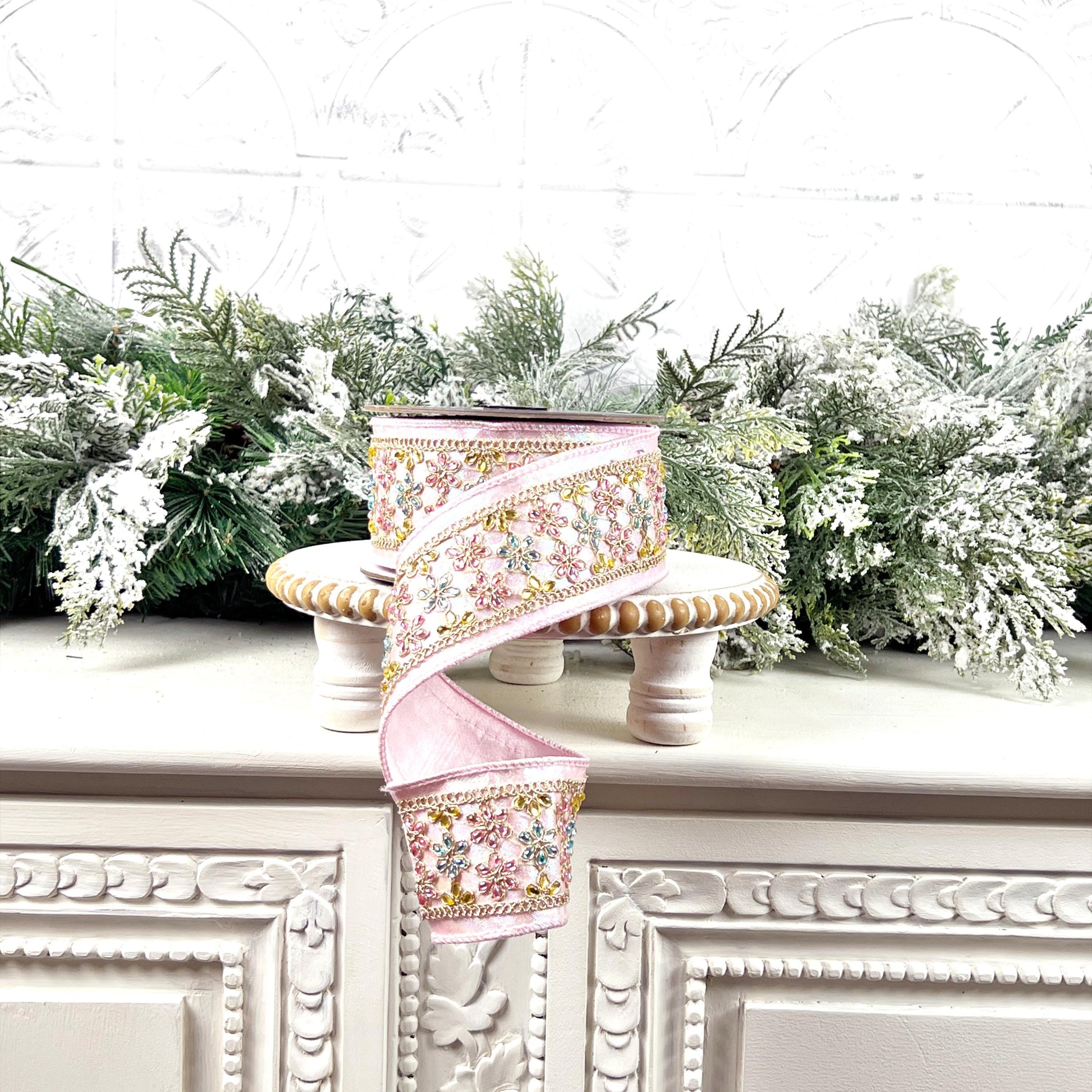 Farrisilk Iridescent Jeweled Daisies Ribbon, Light Pink Designer Ribbon for Holiday or Wedding Decor