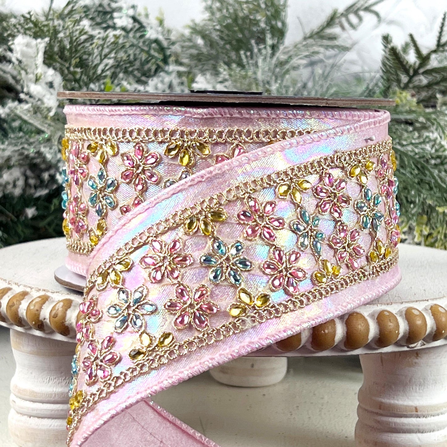 Farrisilk Iridescent Jeweled Daisies Ribbon, Light Pink Designer Ribbon for Holiday or Wedding Decor