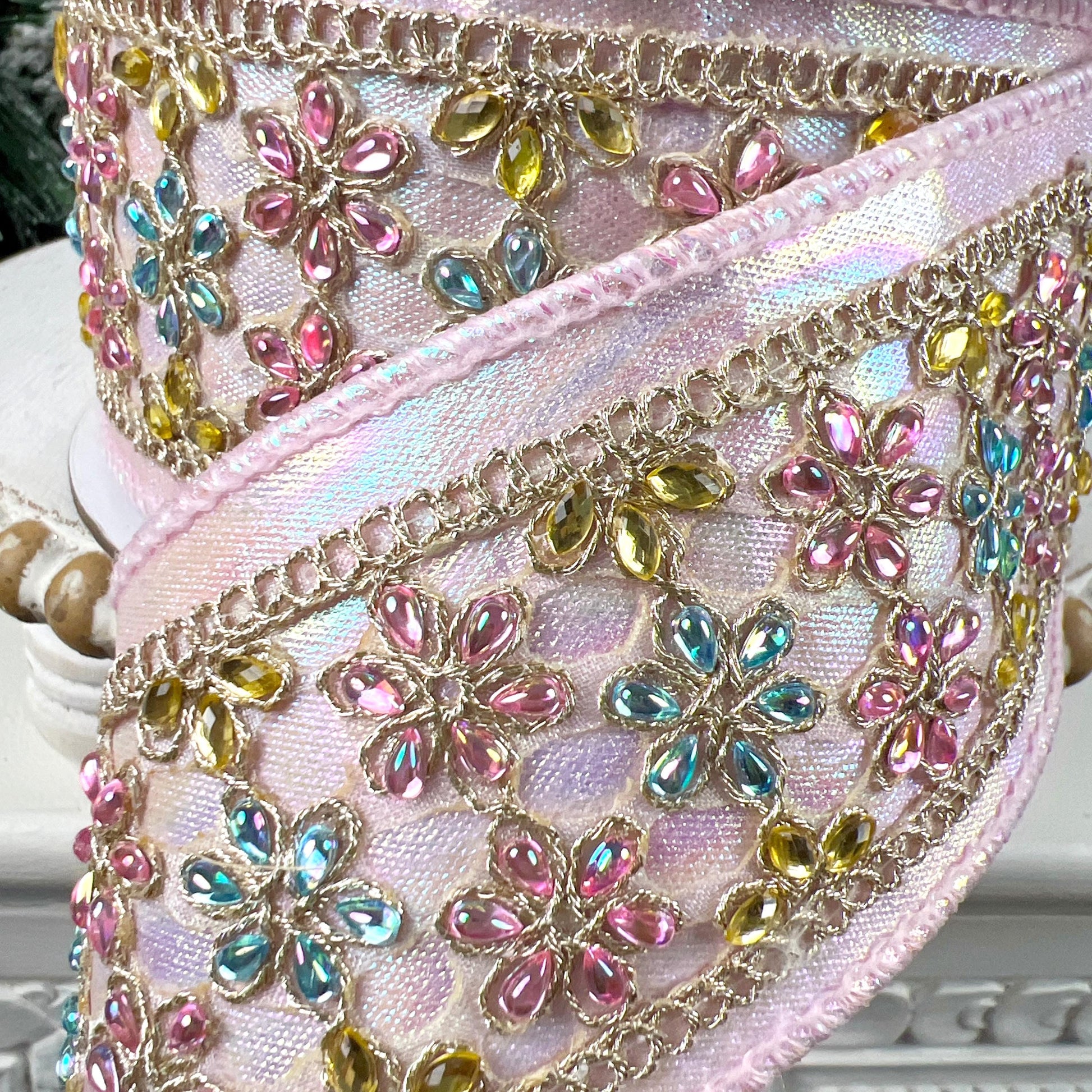 Farrisilk Iridescent Jeweled Daisies Ribbon, Light Pink Designer Ribbon for Holiday or Wedding Decor