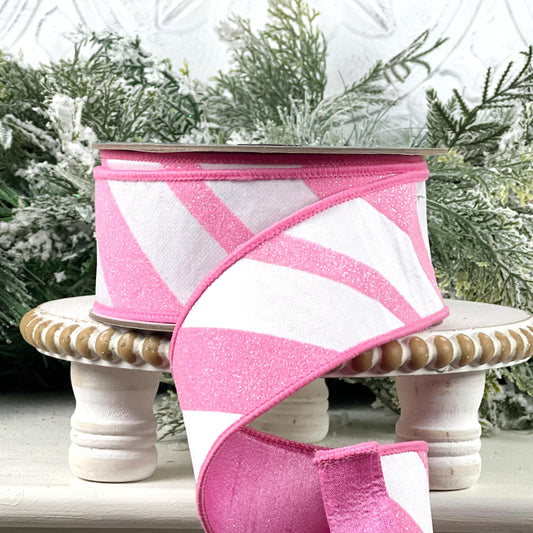 Farrisilk Pink and White Glittered Candy Cane Ribbon, Designer Ribbon for Holiday or Year-Round Decor
