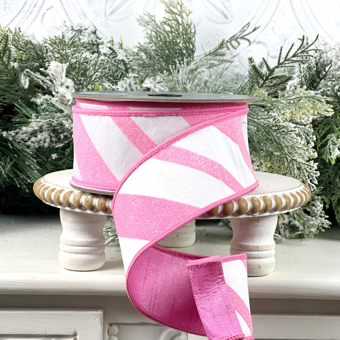 Farrisilk Pink and White Glittered Candy Cane Ribbon, Designer Ribbon for Holiday or Year-Round Decor
