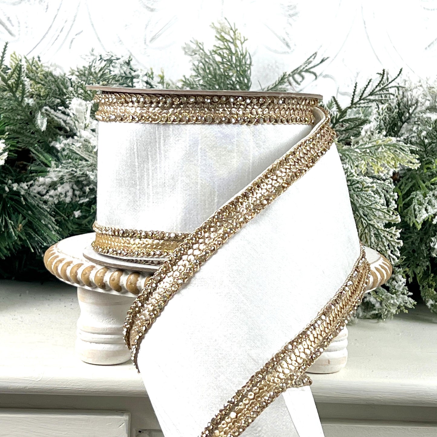 Farrisilk Ivory Diamond Riviera Ribbon, White Dupion Designer Ribbon with Platinum Sequins and Rhinestones