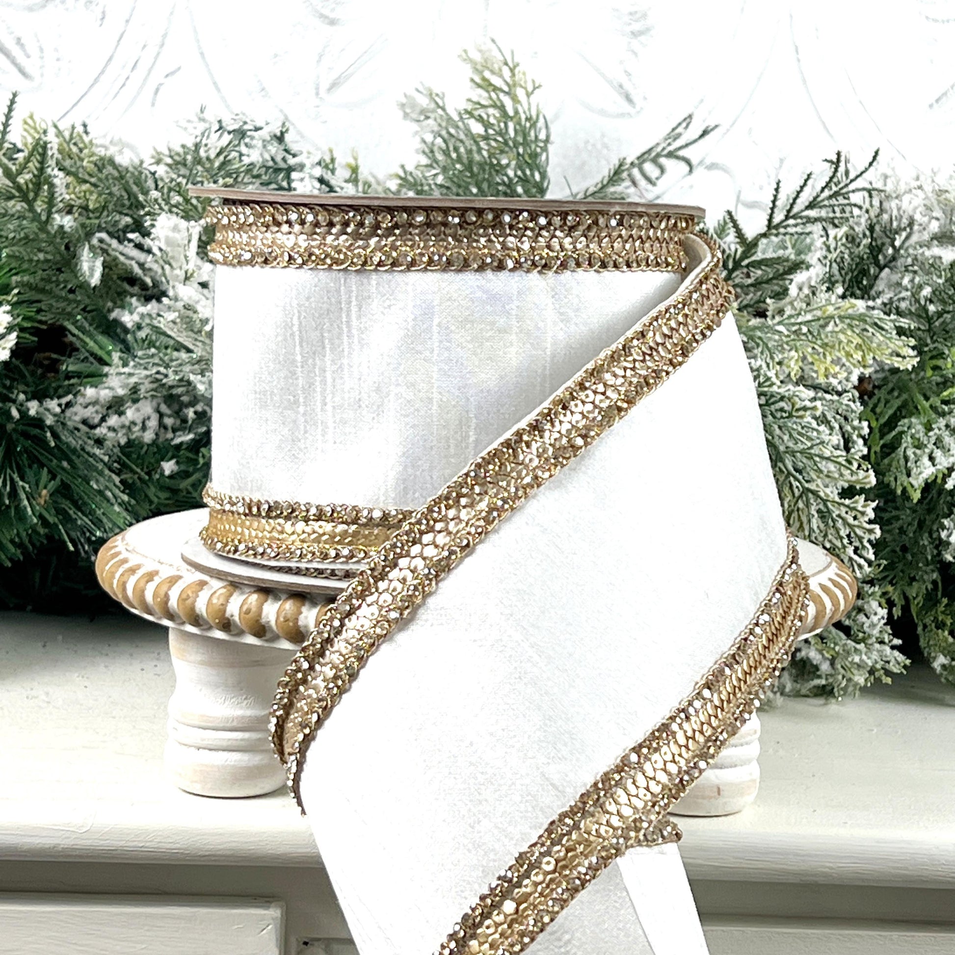 Farrisilk Ivory Diamond Riviera Ribbon, White Dupion Designer Ribbon with Platinum Sequins and Rhinestones