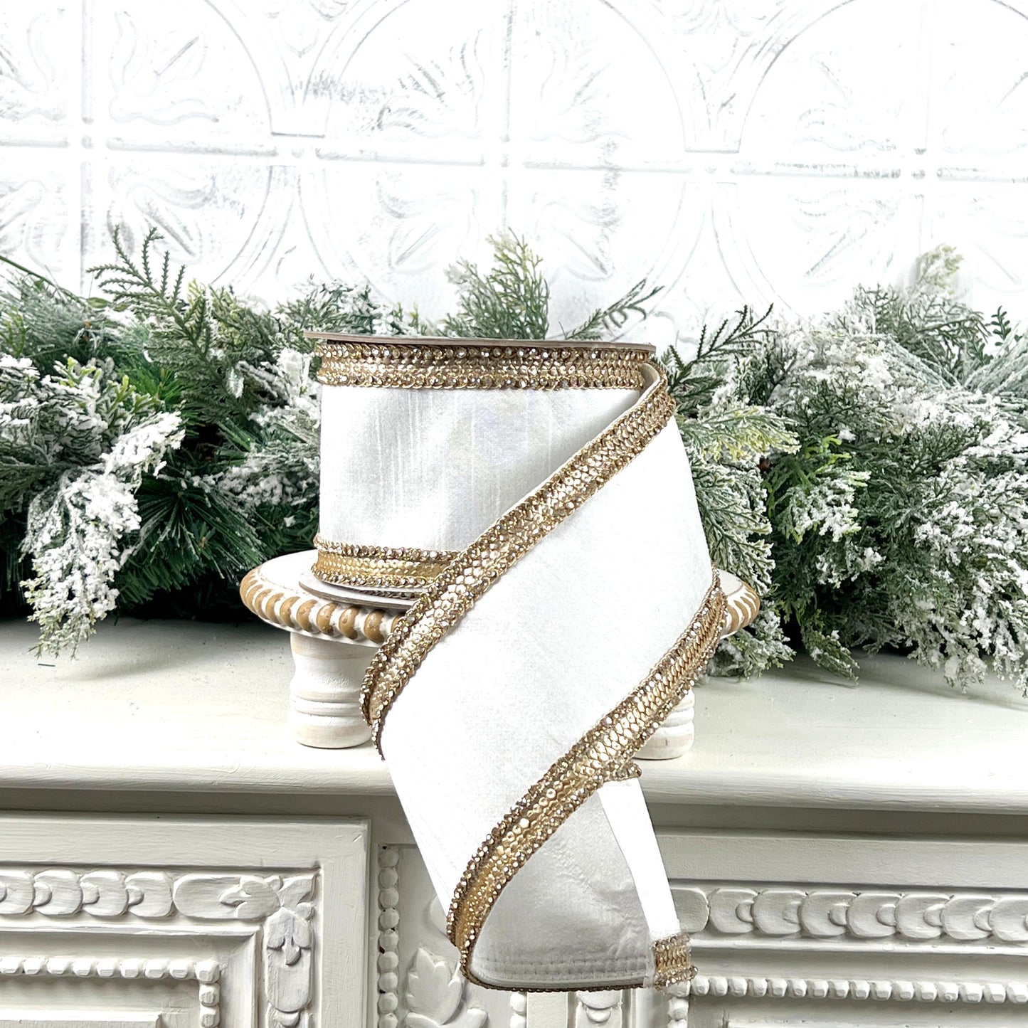 Farrisilk Ivory Diamond Riviera Ribbon, White Dupion Designer Ribbon with Platinum Sequins and Rhinestones