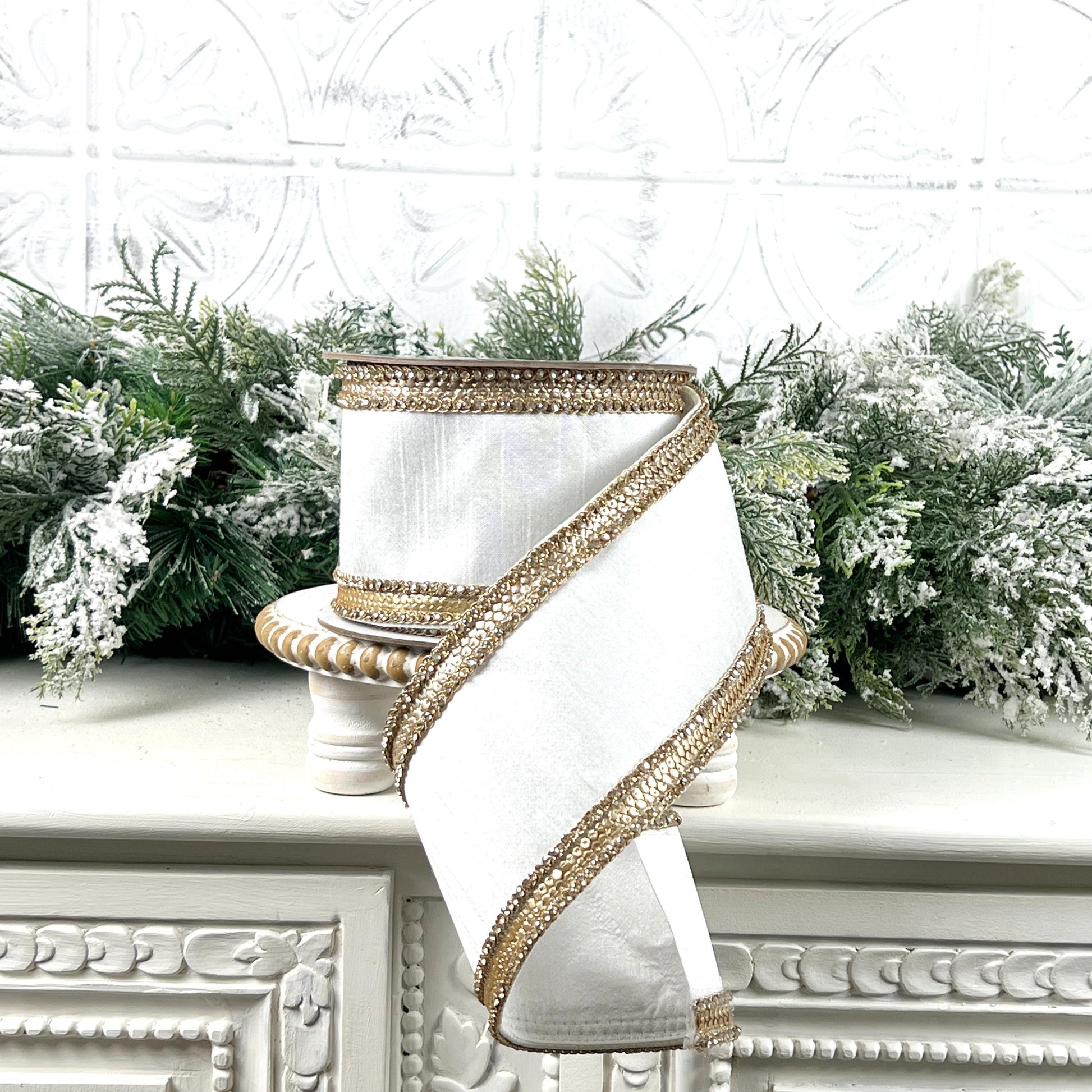 Farrisilk Ivory Diamond Riviera Ribbon, White Dupion Designer Ribbon with Platinum Sequins and Rhinestones