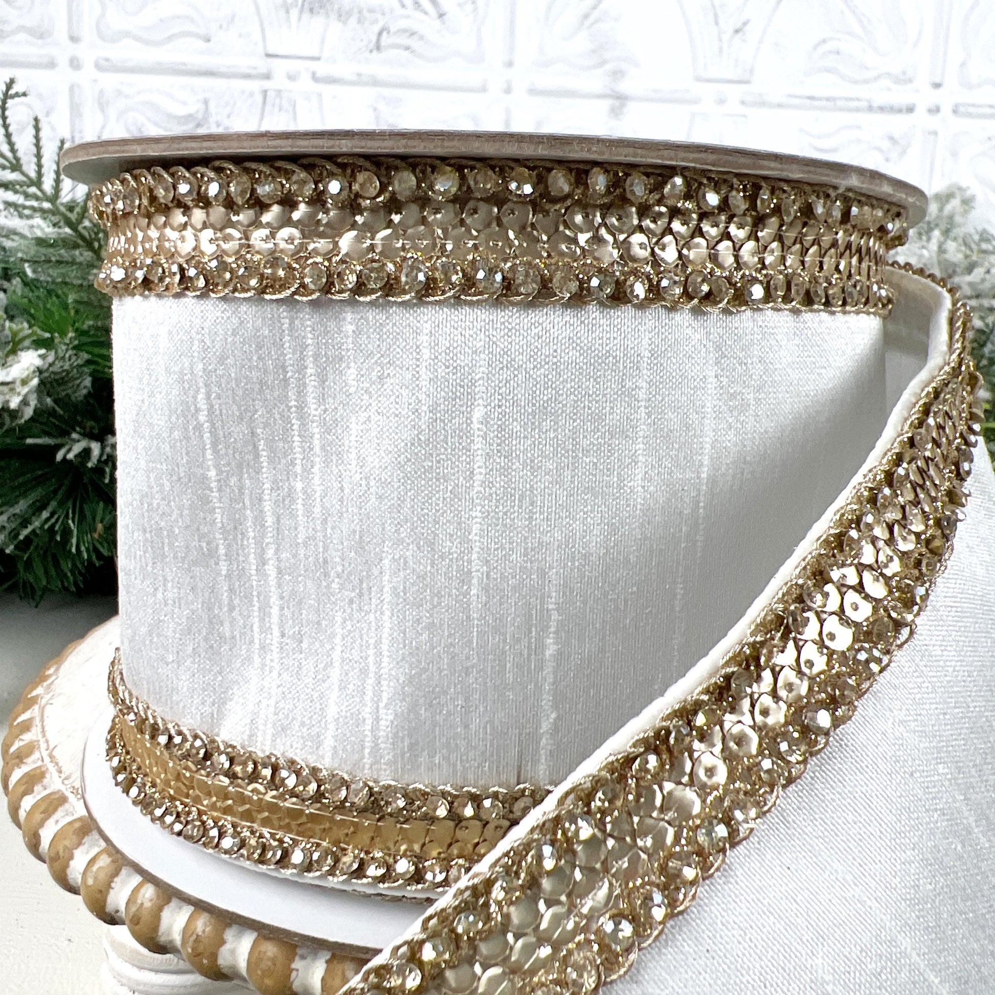 Farrisilk Ivory Diamond Riviera Ribbon, White Dupion Designer Ribbon with Platinum Sequins and Rhinestones