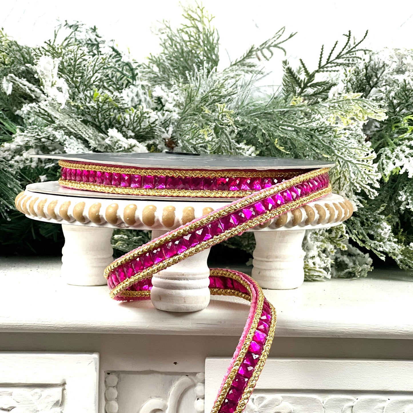 Farrisilk Gemstone Garland Ribbon, Hot Pink Double-Sided Jeweled Designer Ribbon for Holiday or Year-Round Decor