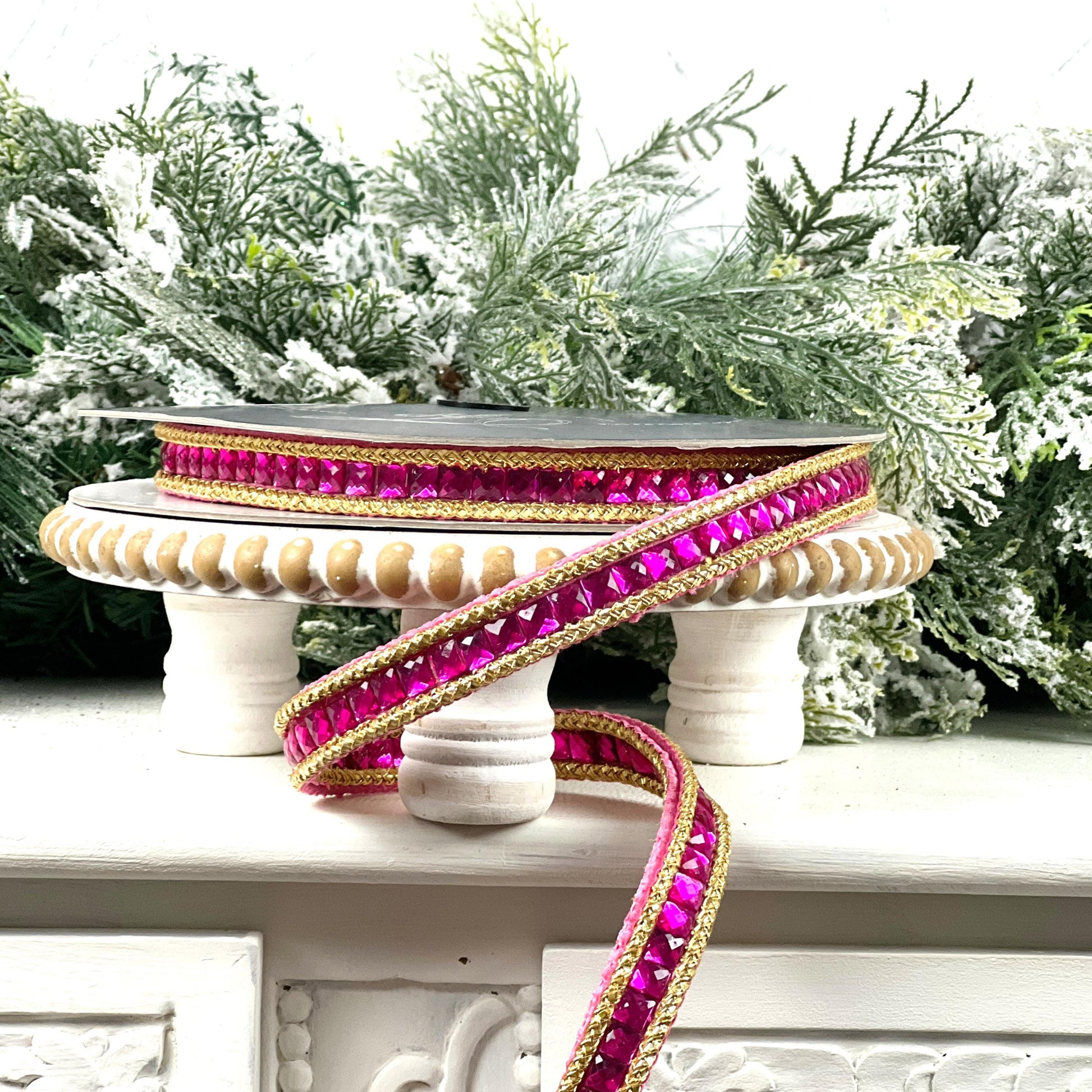 Farrisilk Gemstone Garland Ribbon, Hot Pink Double-Sided Jeweled Designer Ribbon for Holiday or Year-Round Decor