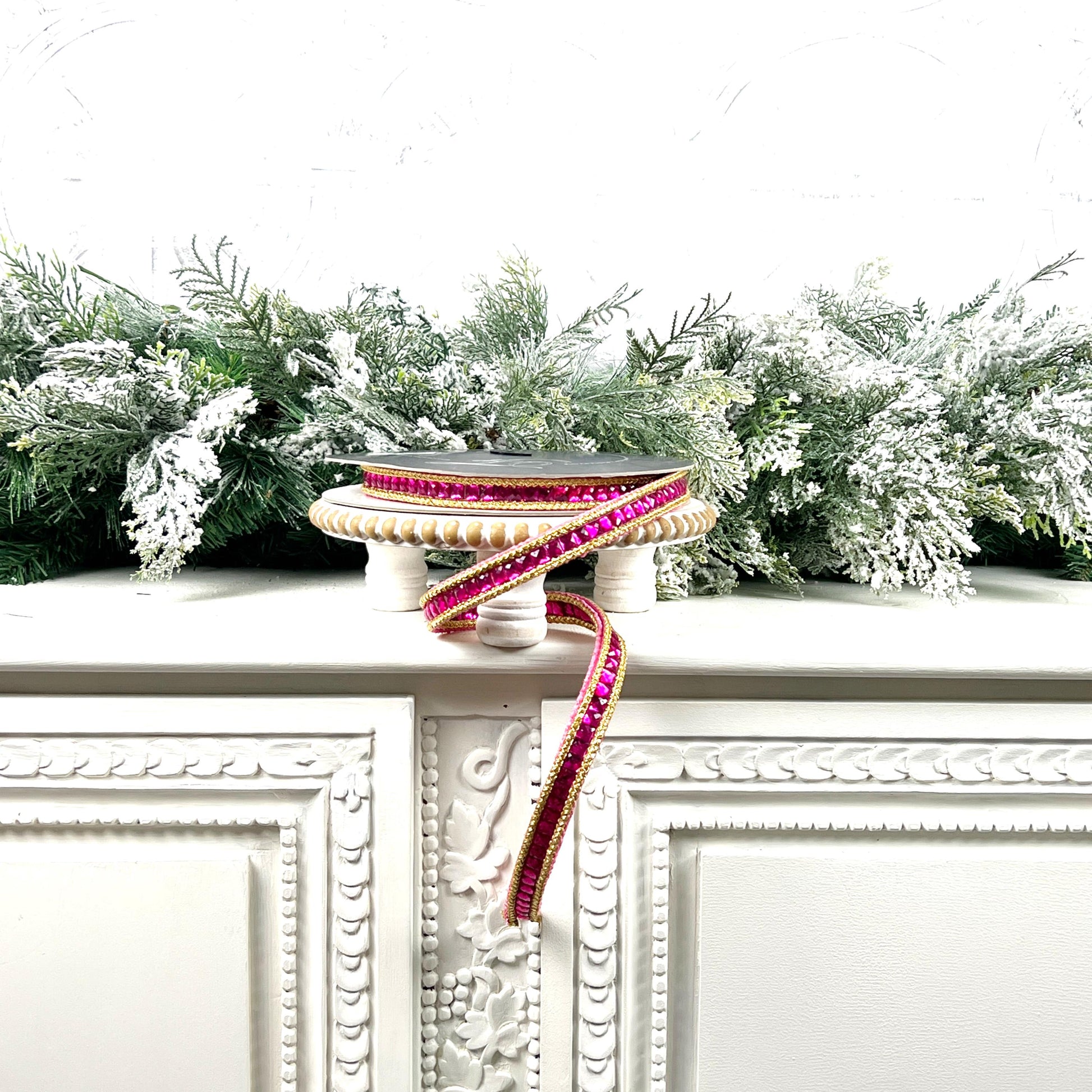 Farrisilk Gemstone Garland Ribbon, Hot Pink Double-Sided Jeweled Designer Ribbon for Holiday or Year-Round Decor