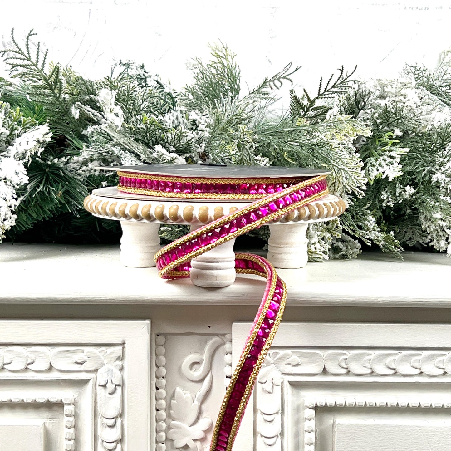 Farrisilk Gemstone Garland Ribbon, Hot Pink Double-Sided Jeweled Designer Ribbon for Holiday or Year-Round Decor