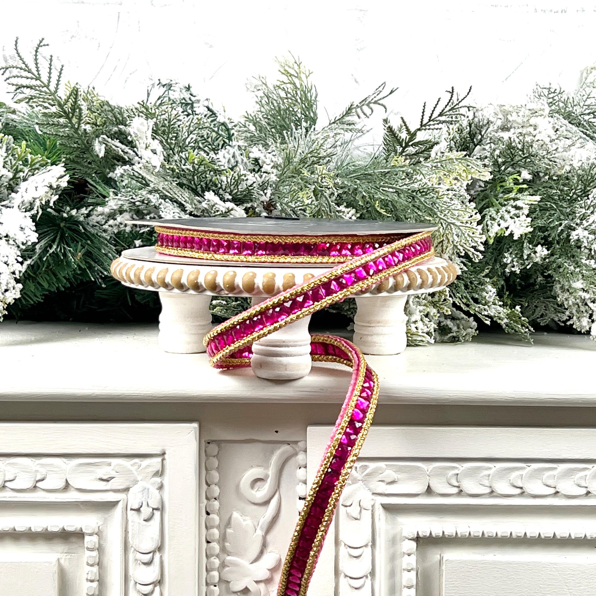 Farrisilk Gemstone Garland Ribbon, Hot Pink Double-Sided Jeweled Designer Ribbon for Holiday or Year-Round Decor