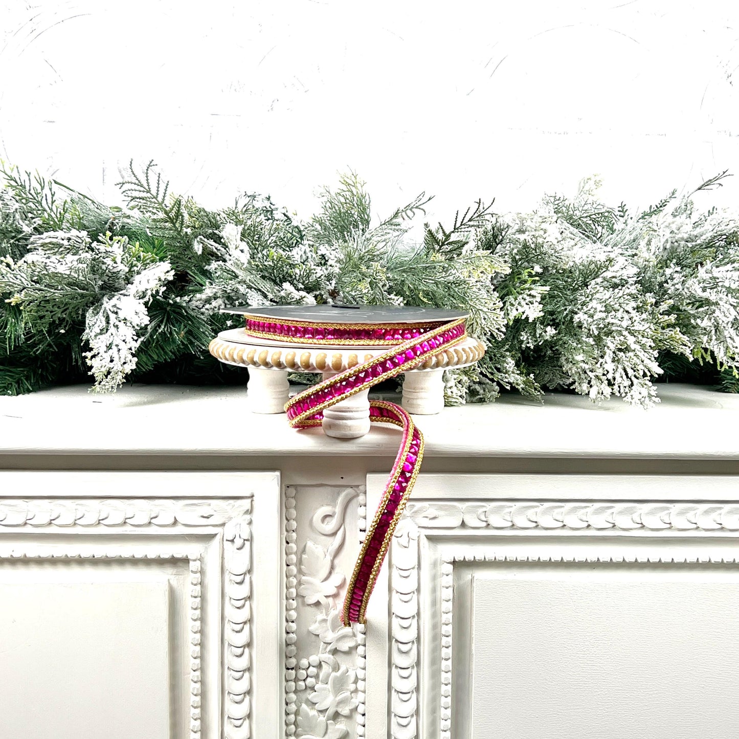 Farrisilk Gemstone Garland Ribbon, Hot Pink Double-Sided Jeweled Designer Ribbon for Holiday or Year-Round Decor