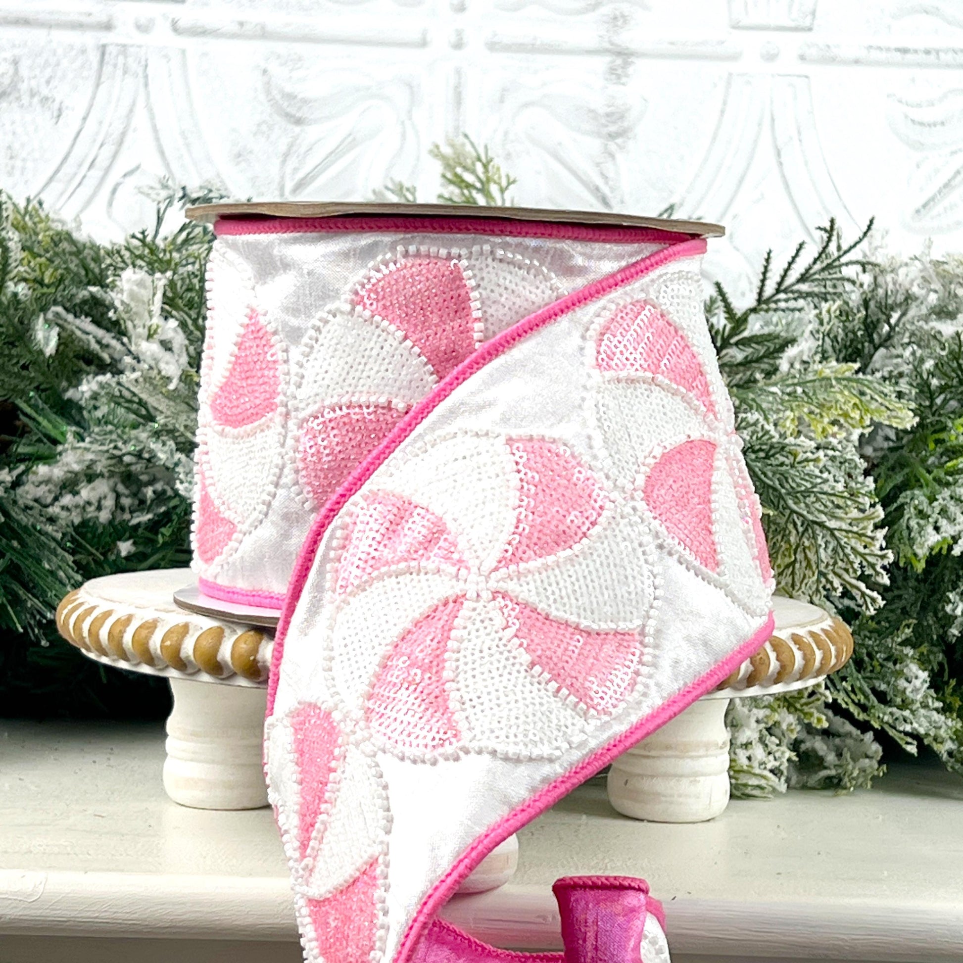 Farrisilk Pink and White Peppermint Candy Ribbon, Sequined Designer Ribbon for Holiday or Year-Round Decor