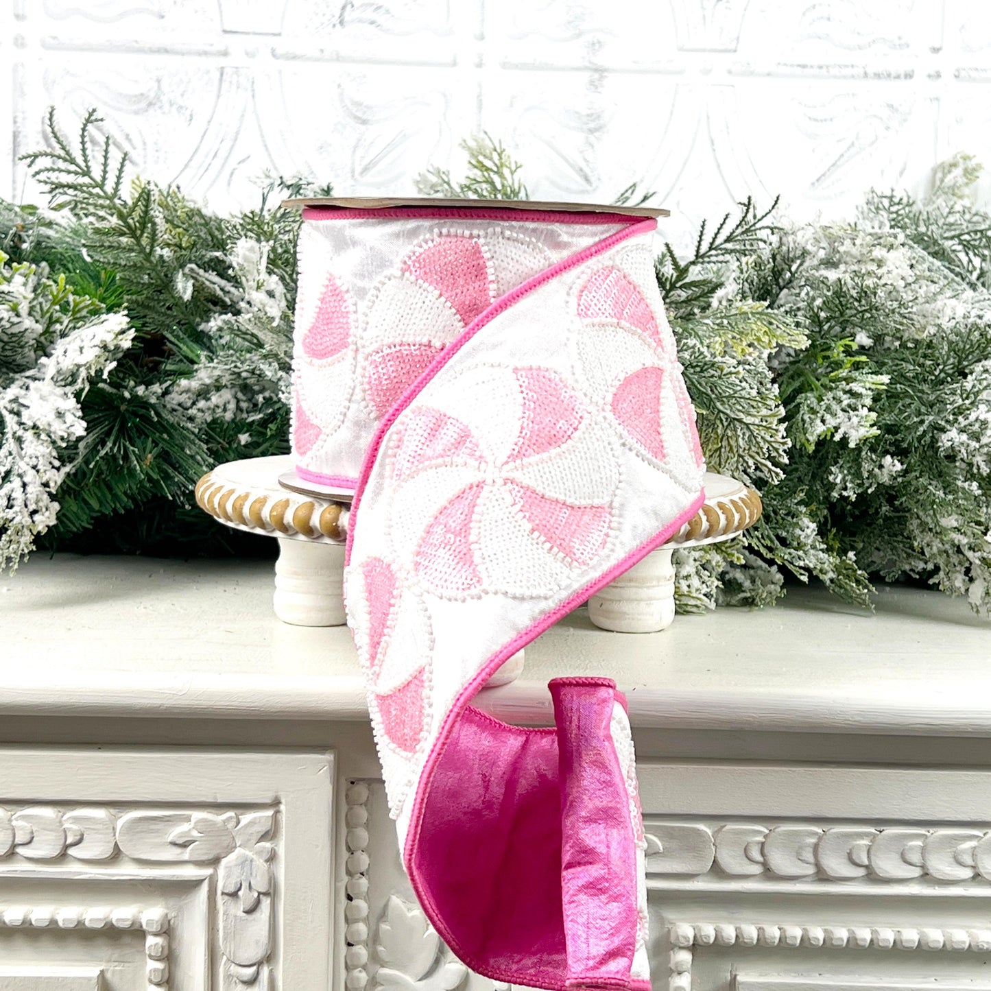 Farrisilk Pink and White Peppermint Candy Ribbon, Sequined Designer Ribbon for Holiday or Year-Round Decor