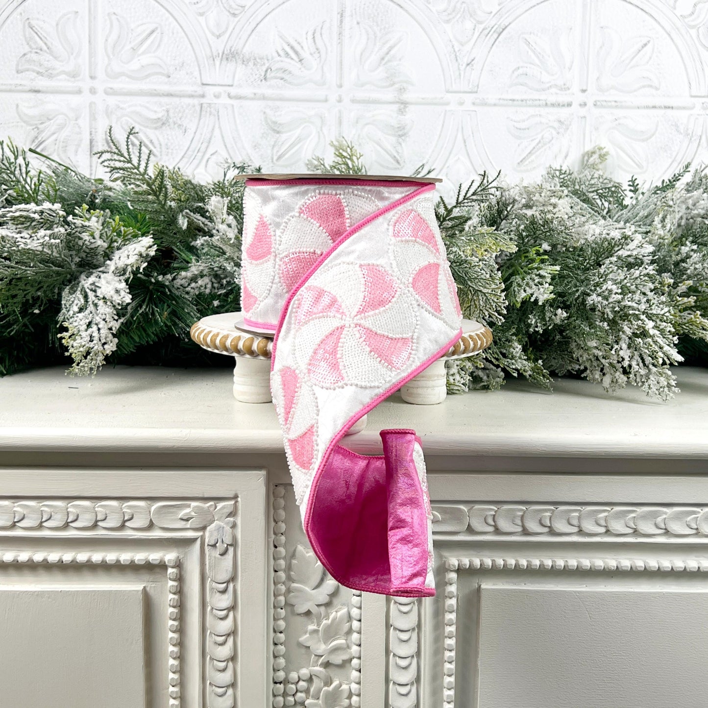 Farrisilk Pink and White Peppermint Candy Ribbon, Sequined Designer Ribbon for Holiday or Year-Round Decor