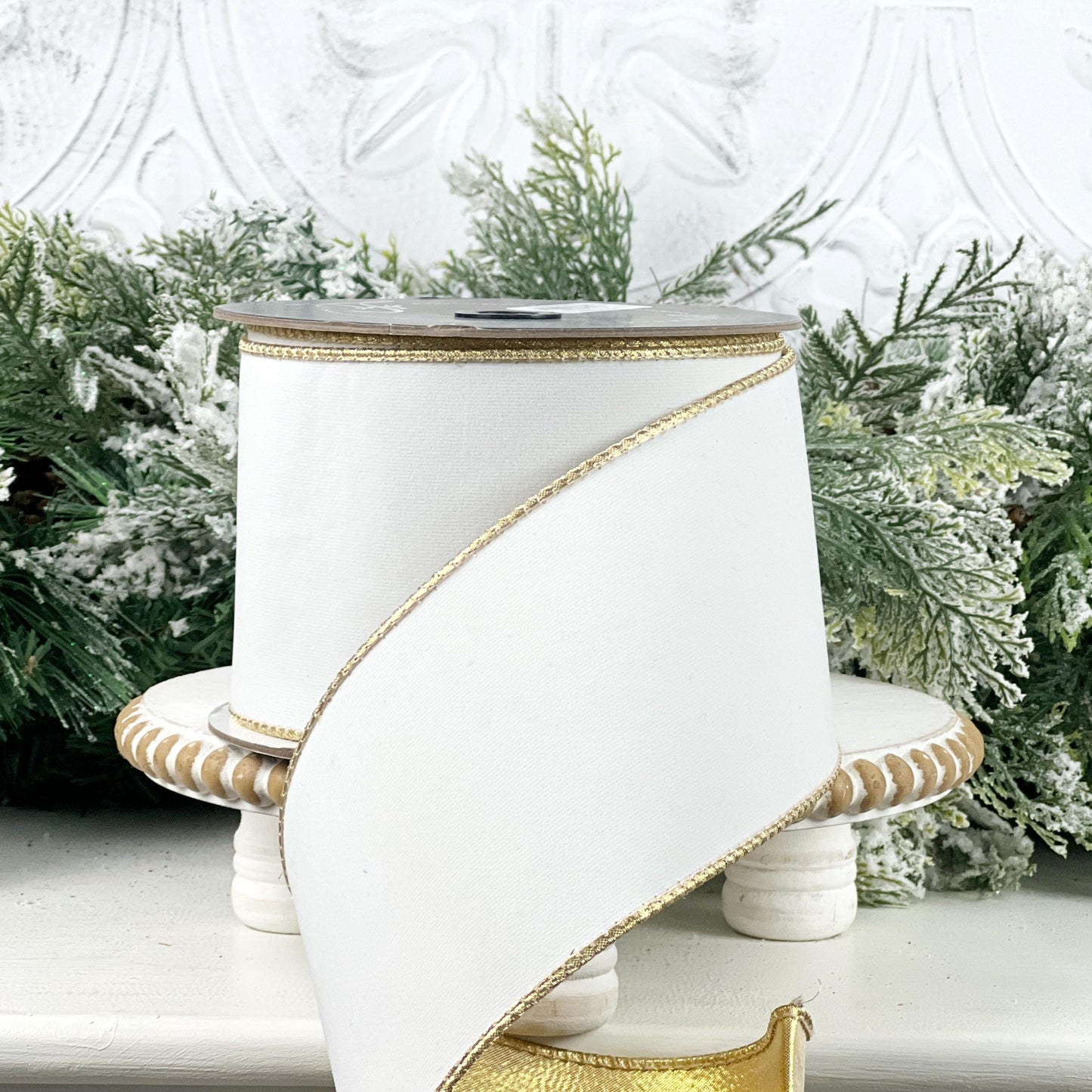 Farrisilk White Flocked Velvet Ribbon, Gold Designer Ribbon for Holiday or Year-Round Decor