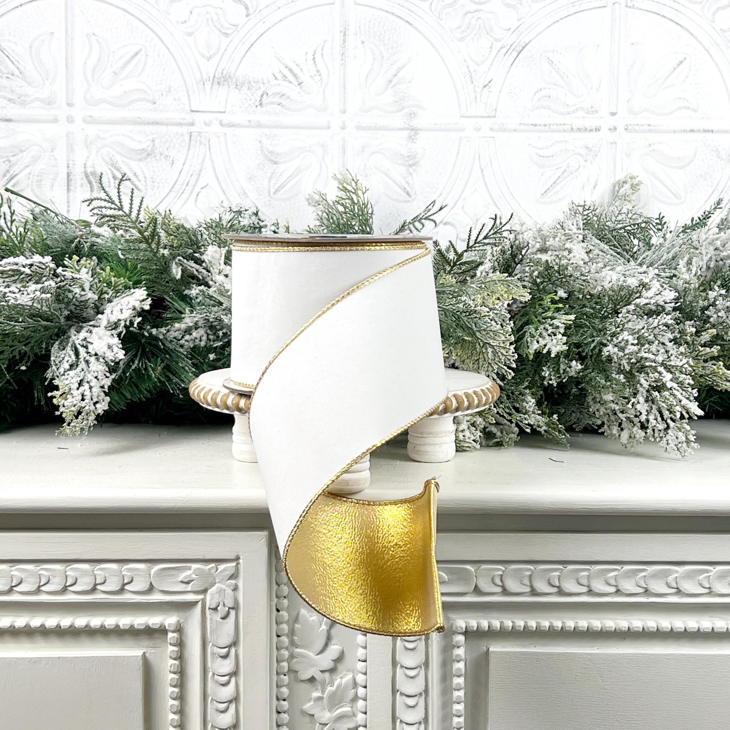 Farrisilk White Flocked Velvet Ribbon, Gold Designer Ribbon for Holiday or Year-Round Decor