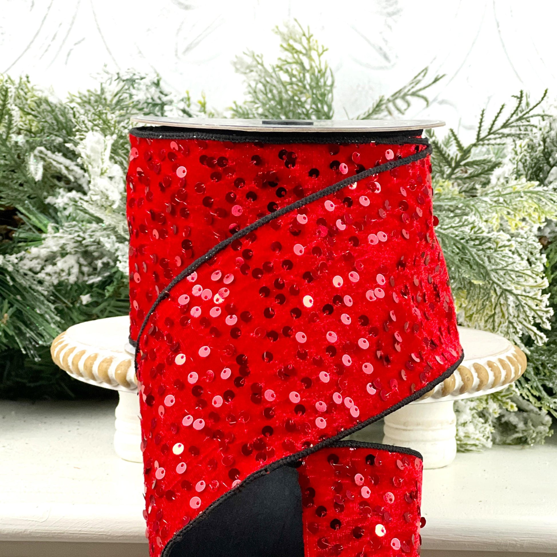 Sequined Red Velvet Ribbon with Black Trim: Nancy Brown Home Designer Holiday Ribbon