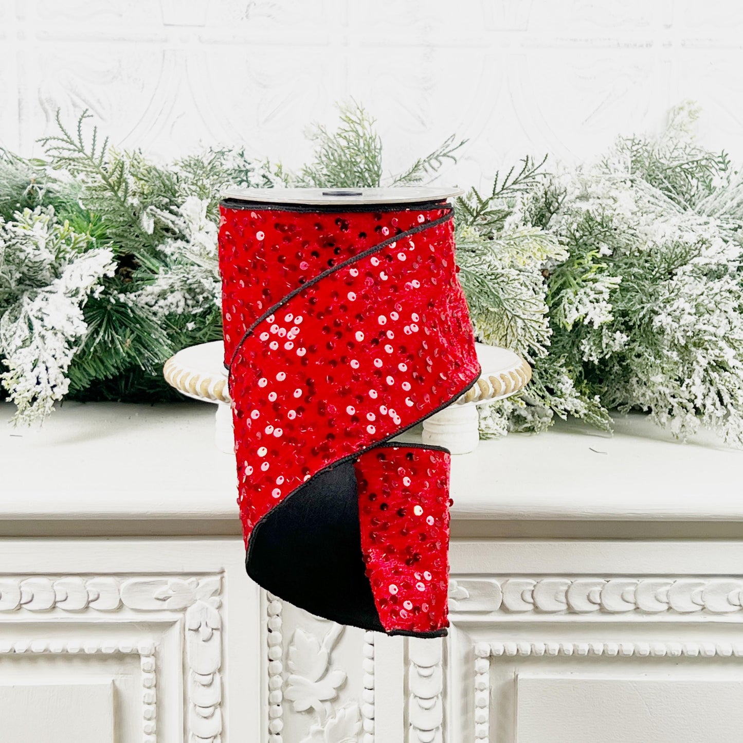 Sequined Red Velvet Ribbon with Black Trim: Nancy Brown Home Designer Holiday Ribbon