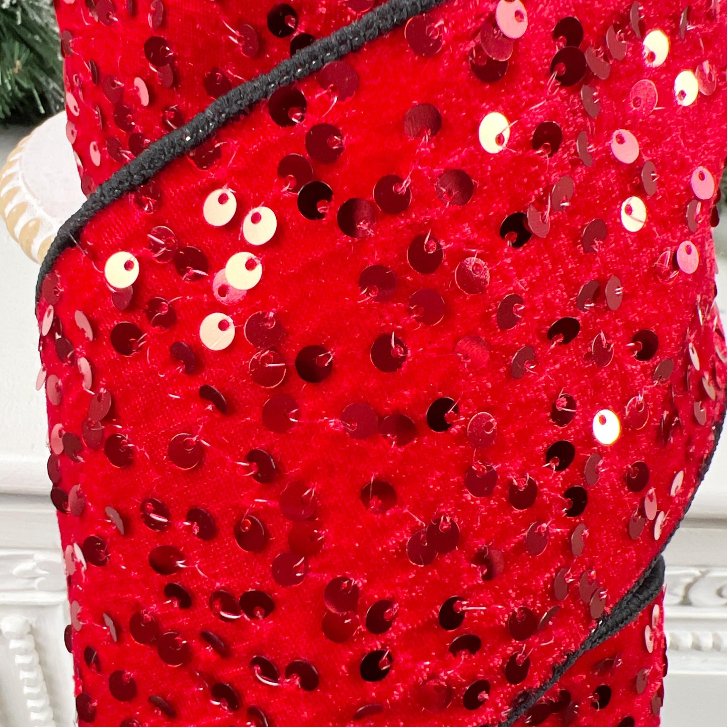Sequined Red Velvet Ribbon with Black Trim: Nancy Brown Home Designer Holiday Ribbon
