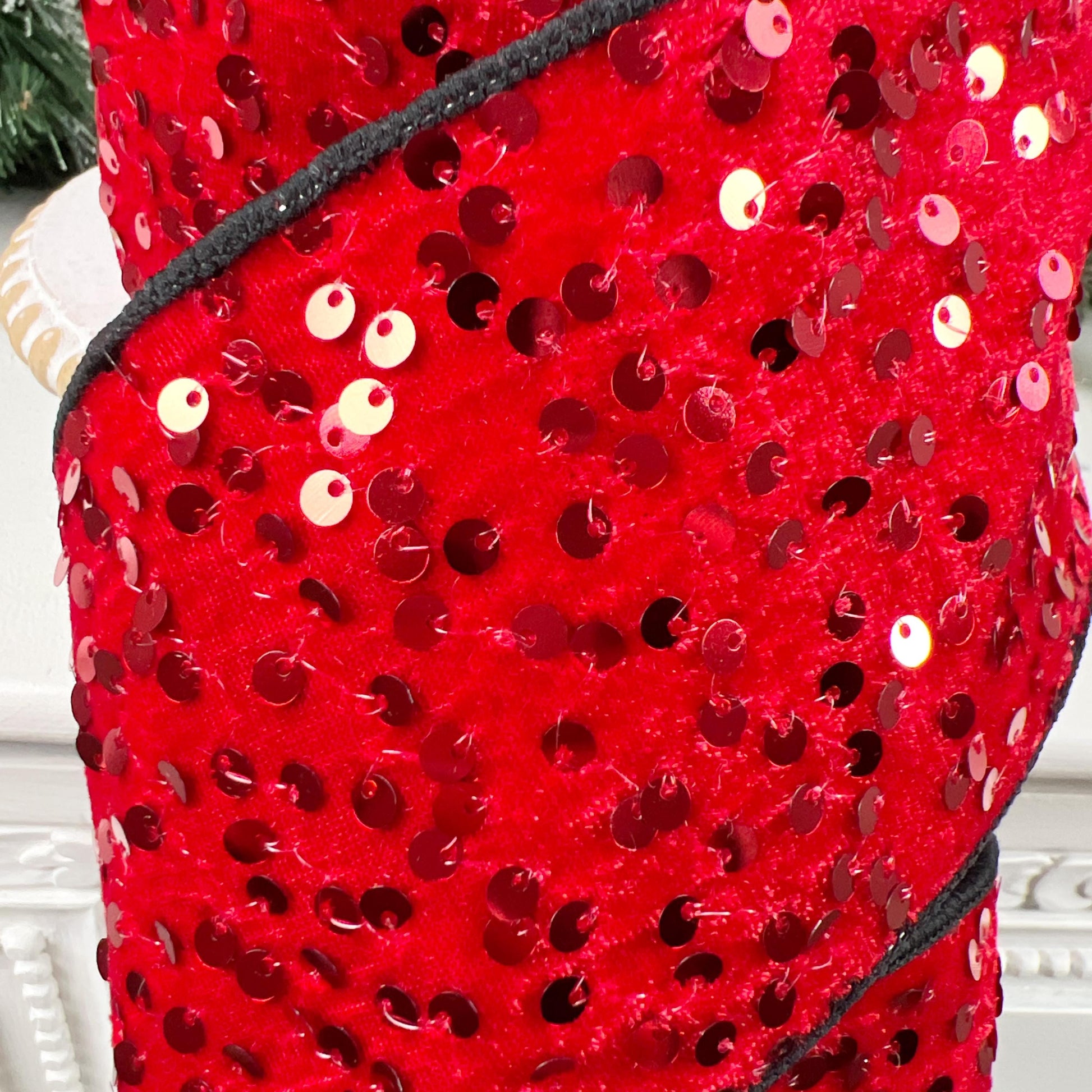 Sequined Red Velvet Ribbon with Black Trim: Nancy Brown Home Designer Holiday Ribbon