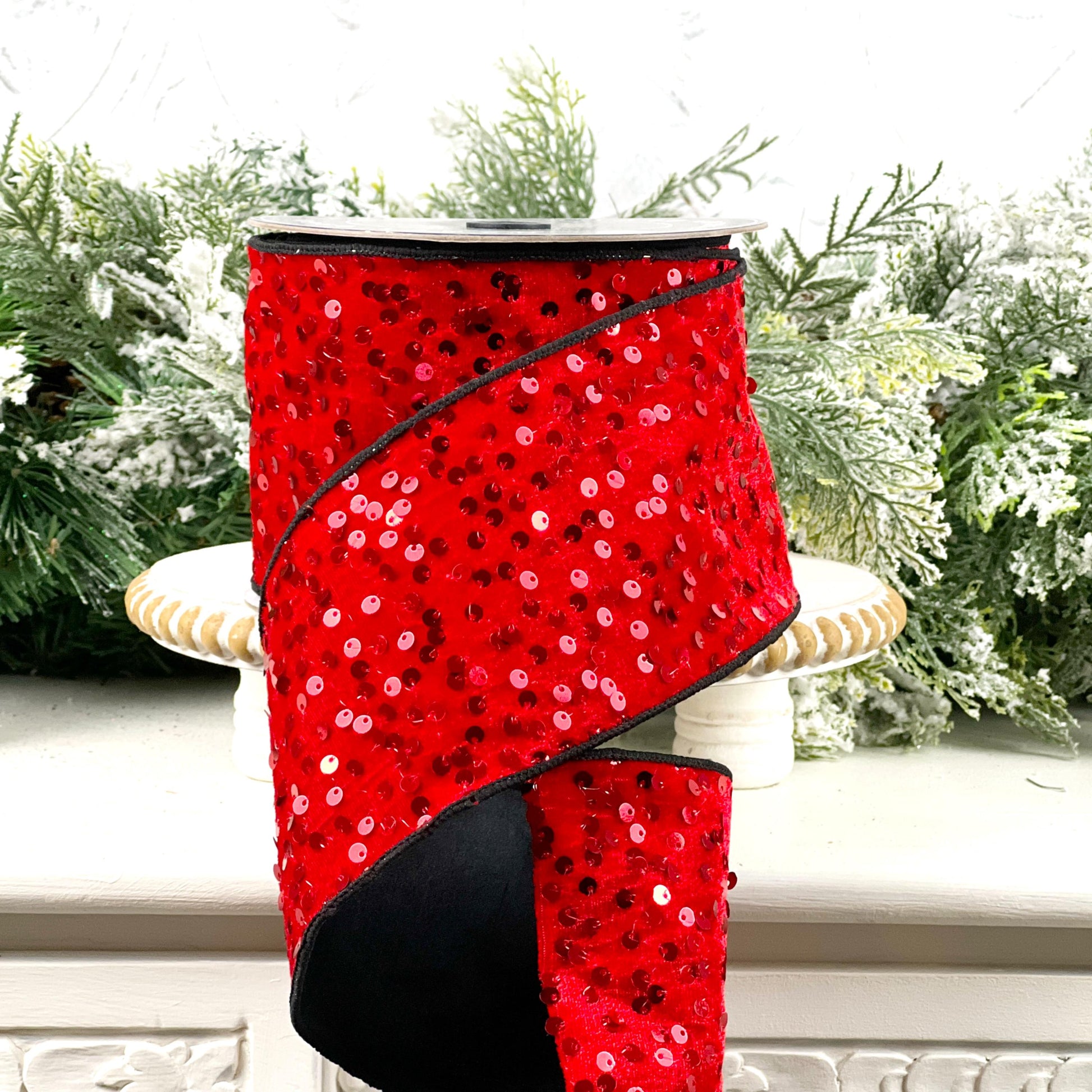 Sequined Red Velvet Ribbon with Black Trim: Nancy Brown Home Designer Holiday Ribbon