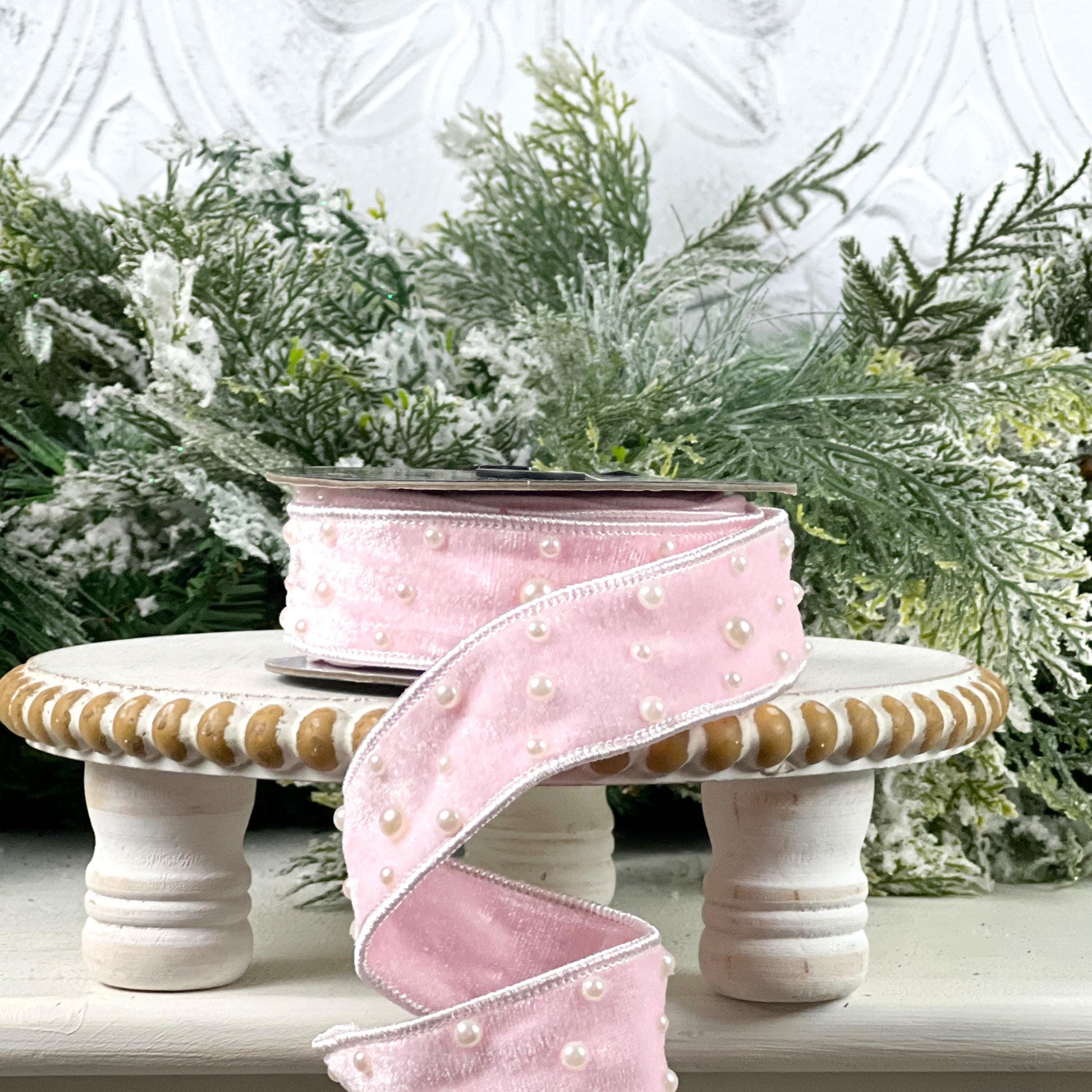 Light Pink Velvet Pearl Ribbon, Jeweled Designer Velvet Trim, Luxury Holiday and Wedding Decor