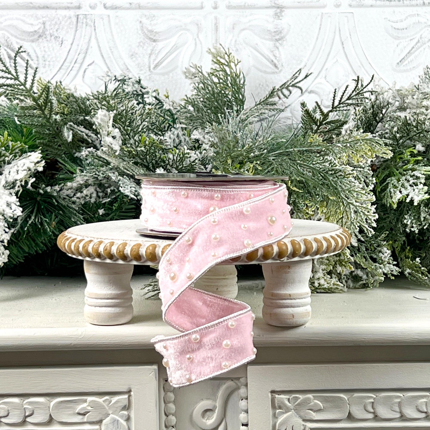 Light Pink Velvet Pearl Ribbon, Jeweled Designer Velvet Trim, Luxury Holiday and Wedding Decor