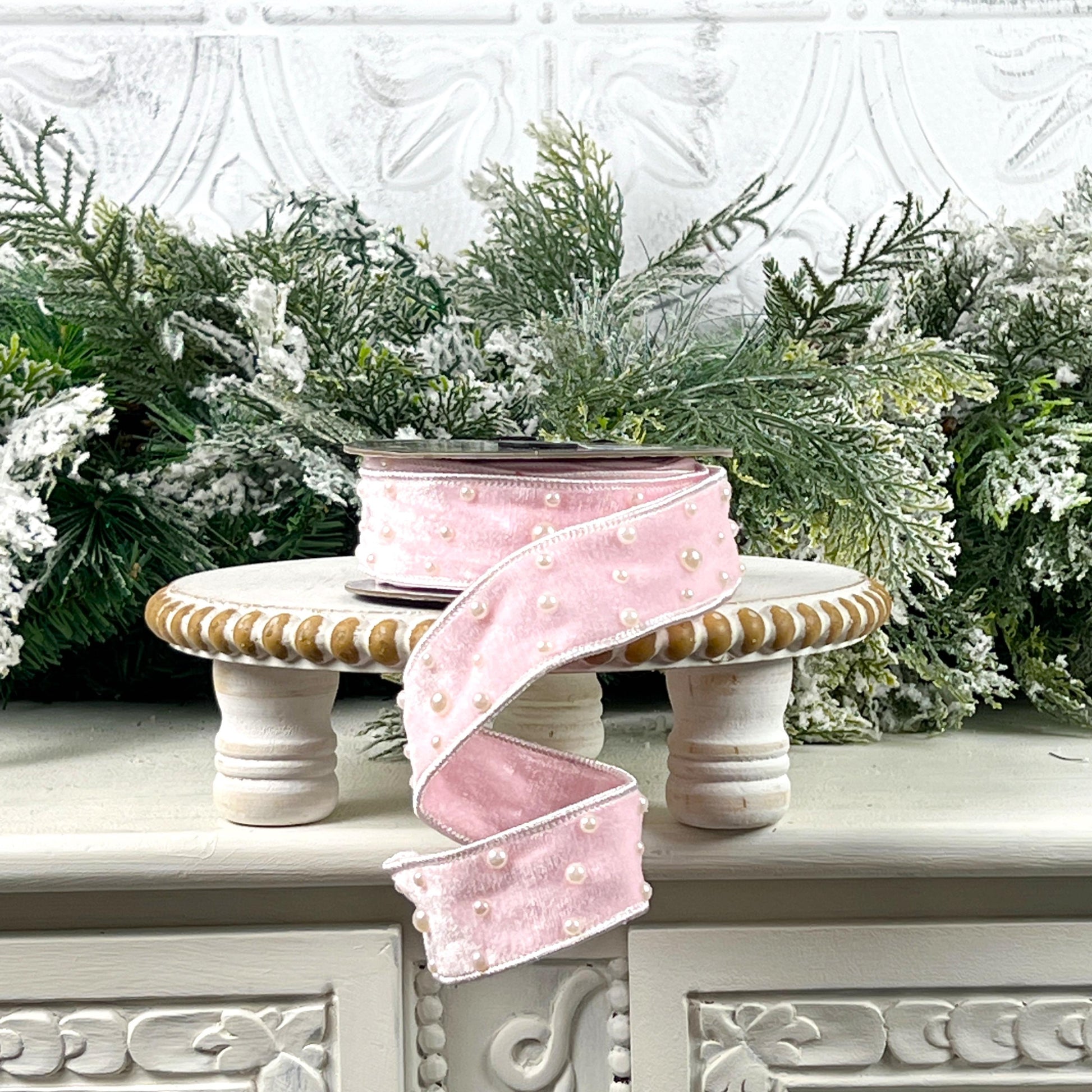 Light Pink Velvet Pearl Ribbon, Jeweled Designer Velvet Trim, Luxury Holiday and Wedding Decor