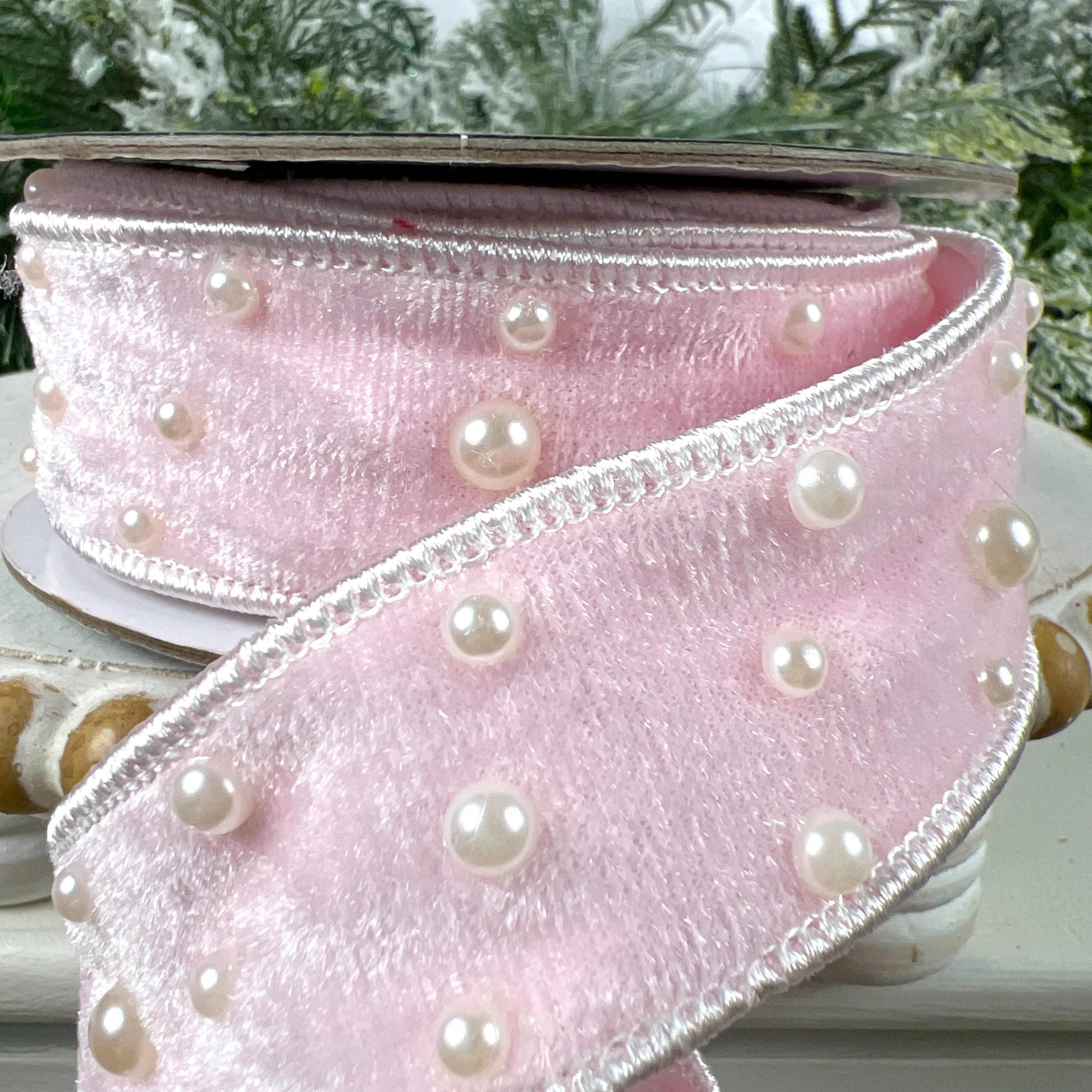Light Pink Velvet Pearl Ribbon, Jeweled Designer Velvet Trim, Luxury Holiday and Wedding Decor