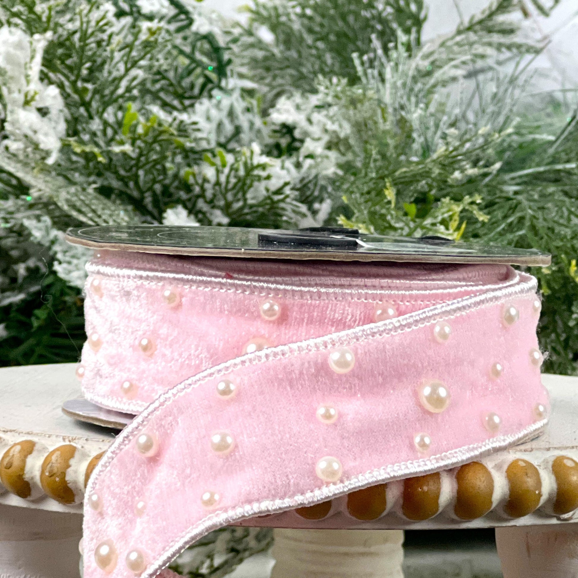 Light Pink Velvet Pearl Ribbon, Jeweled Designer Velvet Trim, Luxury Holiday and Wedding Decor
