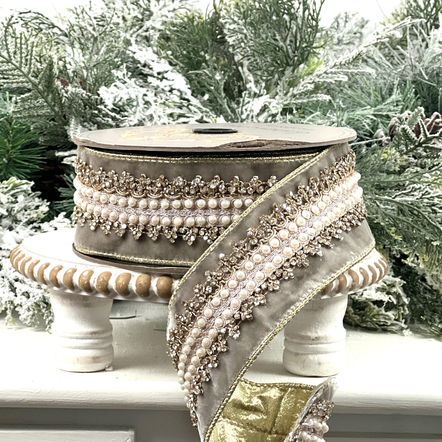 D. Stevens Platinum Jeweled Velvet Ribbon, Embroidered Pearl and Gold Trim Ribbon, Luxury Designer Holiday and Wedding Decor