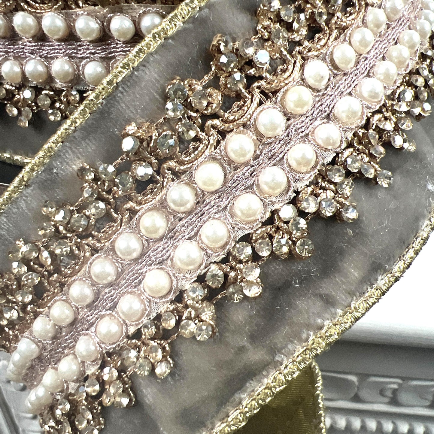 D. Stevens Platinum Jeweled Velvet Ribbon, Embroidered Pearl and Gold Trim Ribbon, Luxury Designer Holiday and Wedding Decor