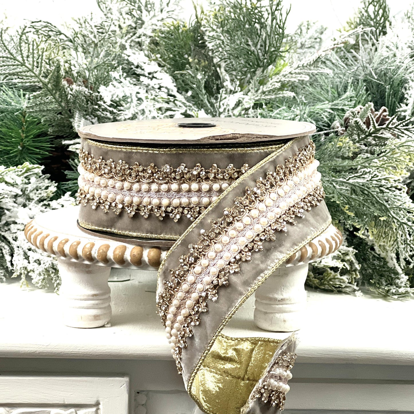 D. Stevens Platinum Jeweled Velvet Ribbon, Embroidered Pearl and Gold Trim Ribbon, Luxury Designer Holiday and Wedding Decor