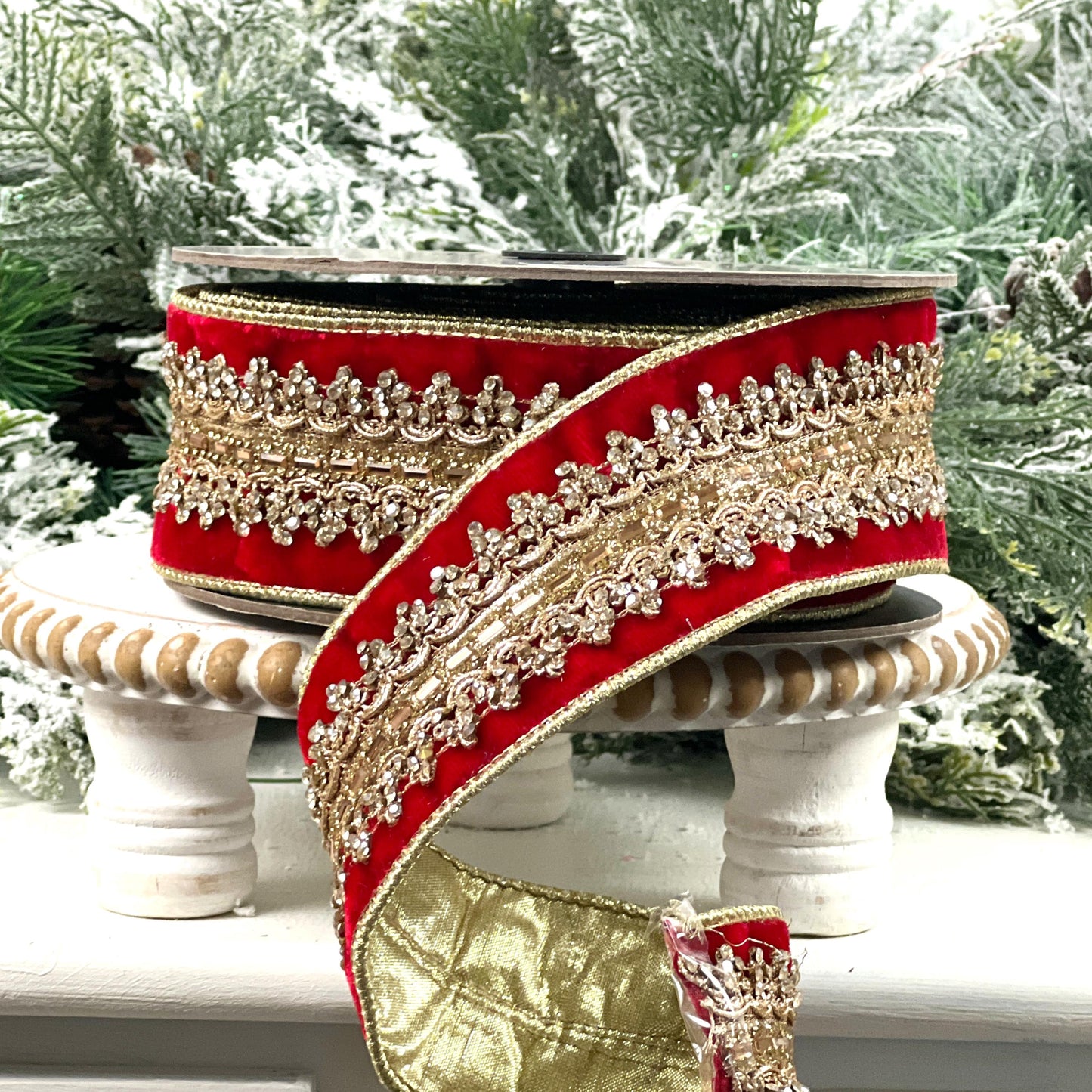 D. Stevens Red Jeweled Velvet Ribbon, Red Velvet Ribbon with Gold Embroidered Trim, Luxury Designer Ribbon for Holiday and Wedding Decor