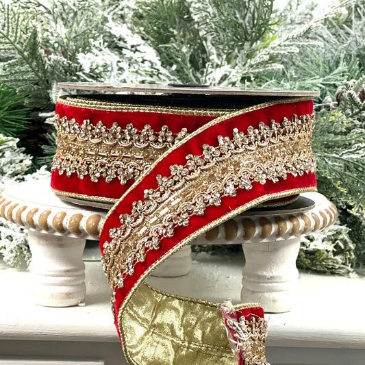 D. Stevens Red Jeweled Velvet Ribbon, Red Velvet Ribbon with Gold Embroidered Trim, Luxury Designer Ribbon for Holiday and Wedding Decor