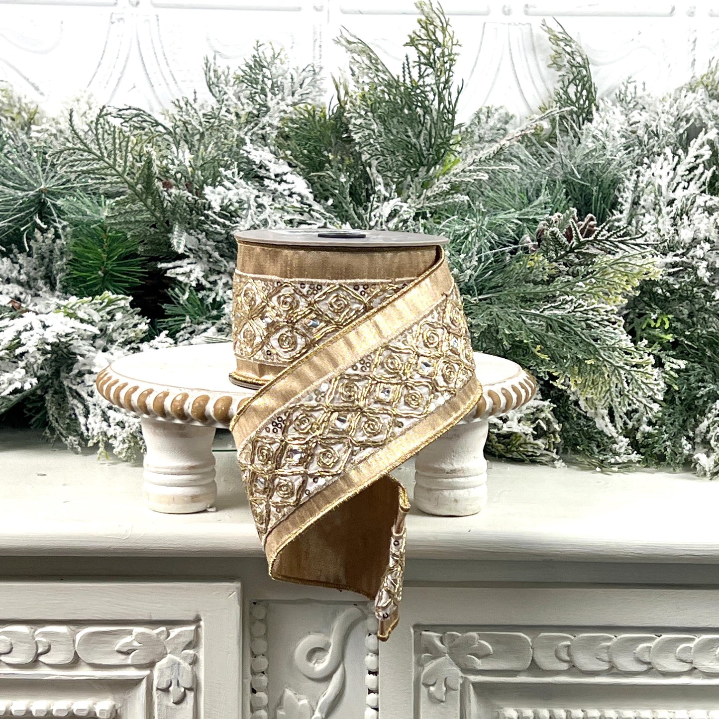 D. Stevens Metallic Gold Embroidered Ribbon, Gold Dupion Ribbon with Iridescent Trim, Luxury Designer Ribbon for Holiday and Wedding Decor