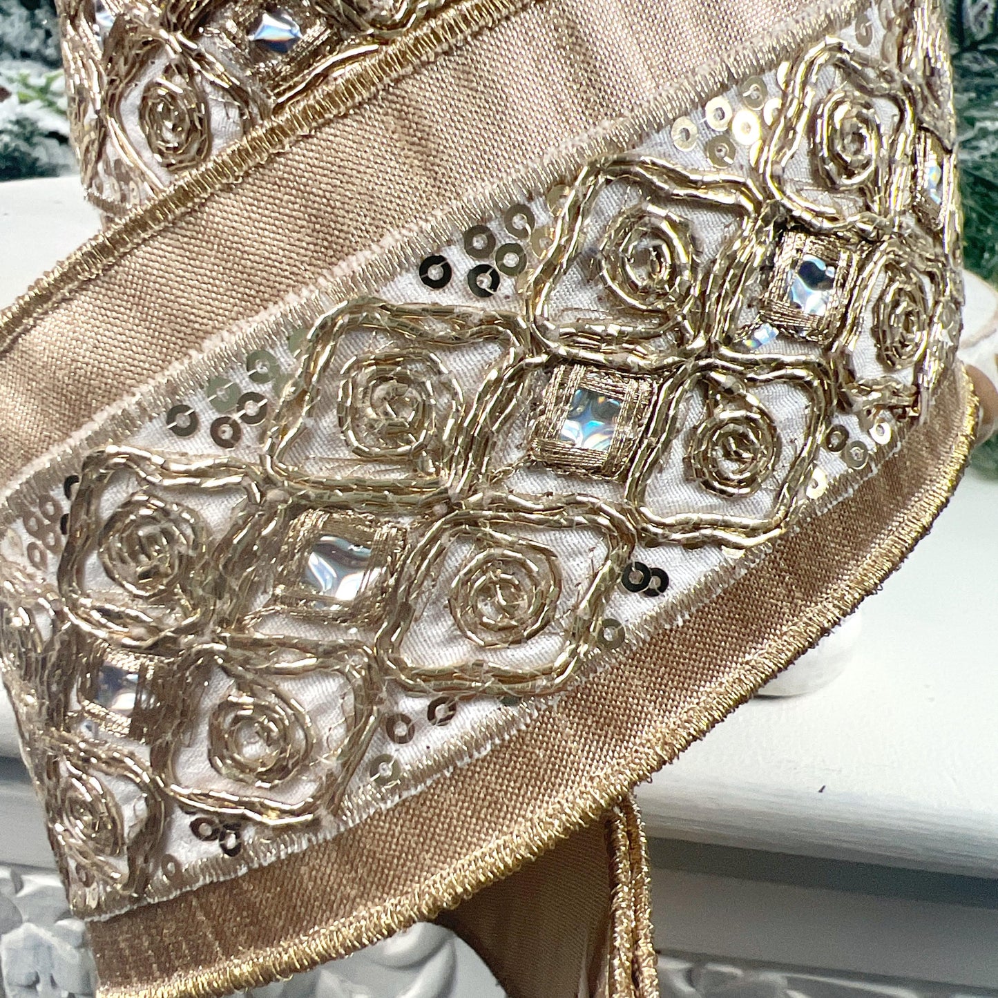 D. Stevens Metallic Gold Embroidered Ribbon, Gold Dupion Ribbon with Iridescent Trim, Luxury Designer Ribbon for Holiday and Wedding Decor