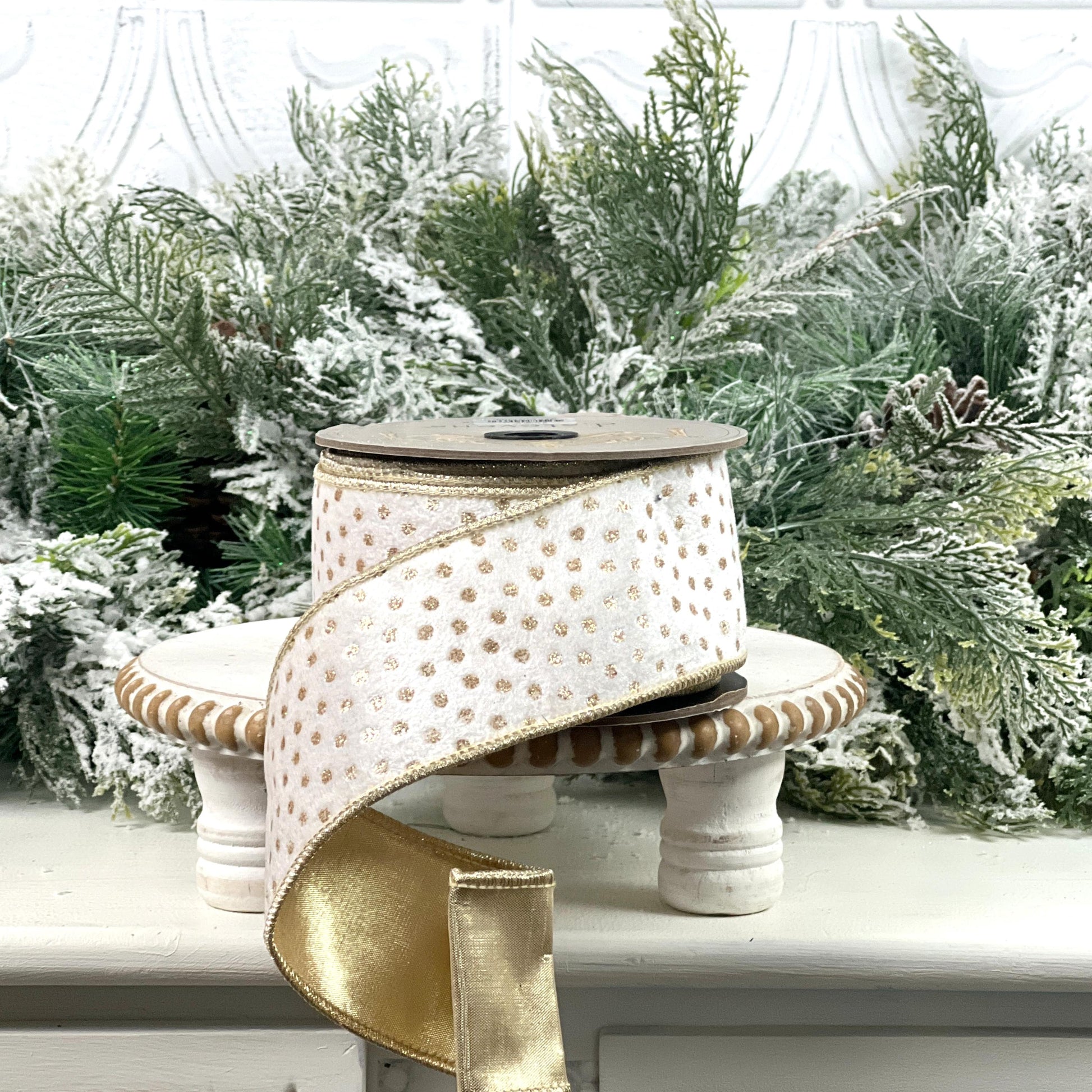 D. Stevens White and Gold Velvet Ribbon, Gold Polka Dot Velvet Ribbon, Elegant Designer Ribbon for Holiday and Wedding Decor